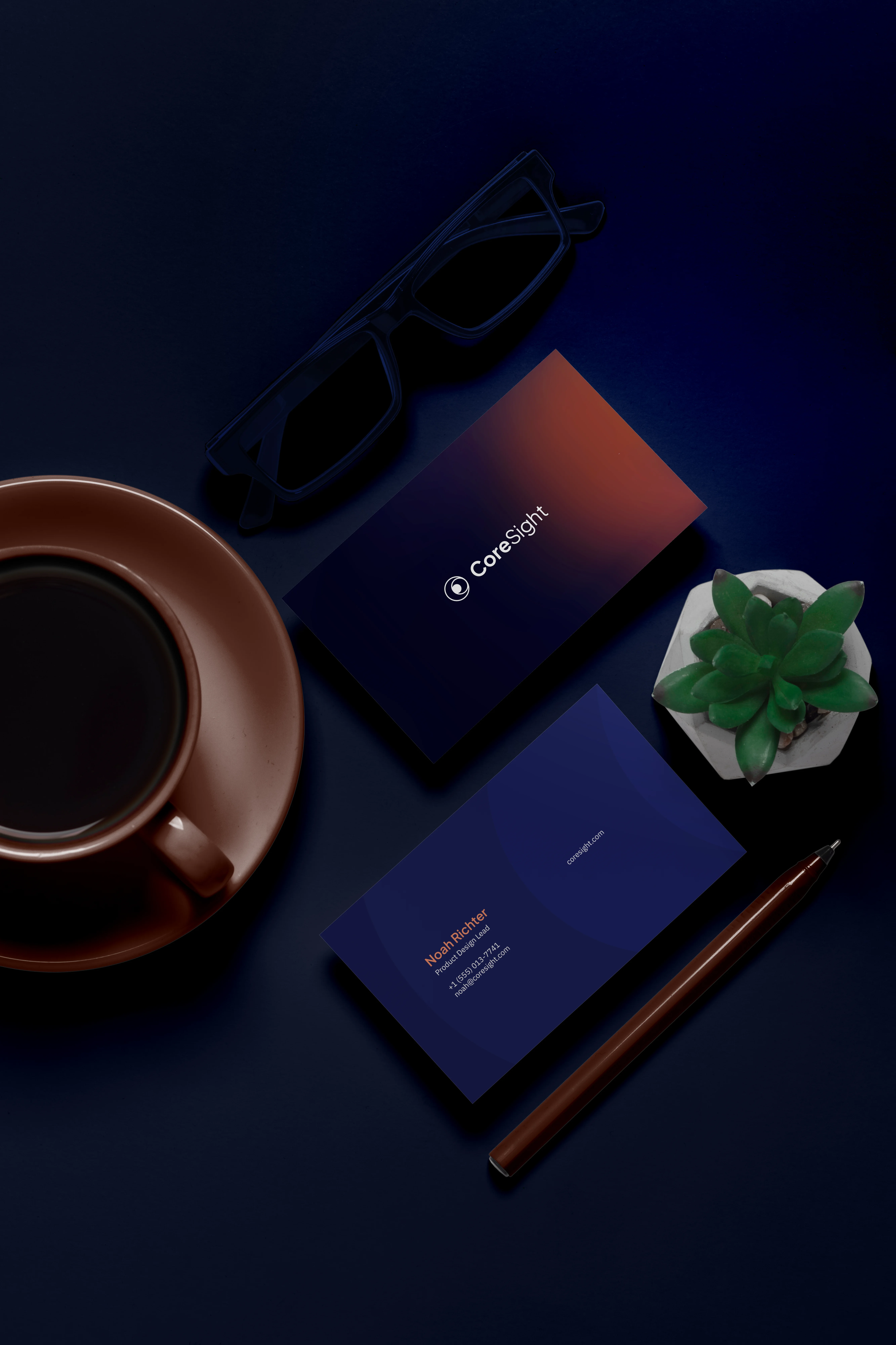 CoreSight brand identity applied to business cards.