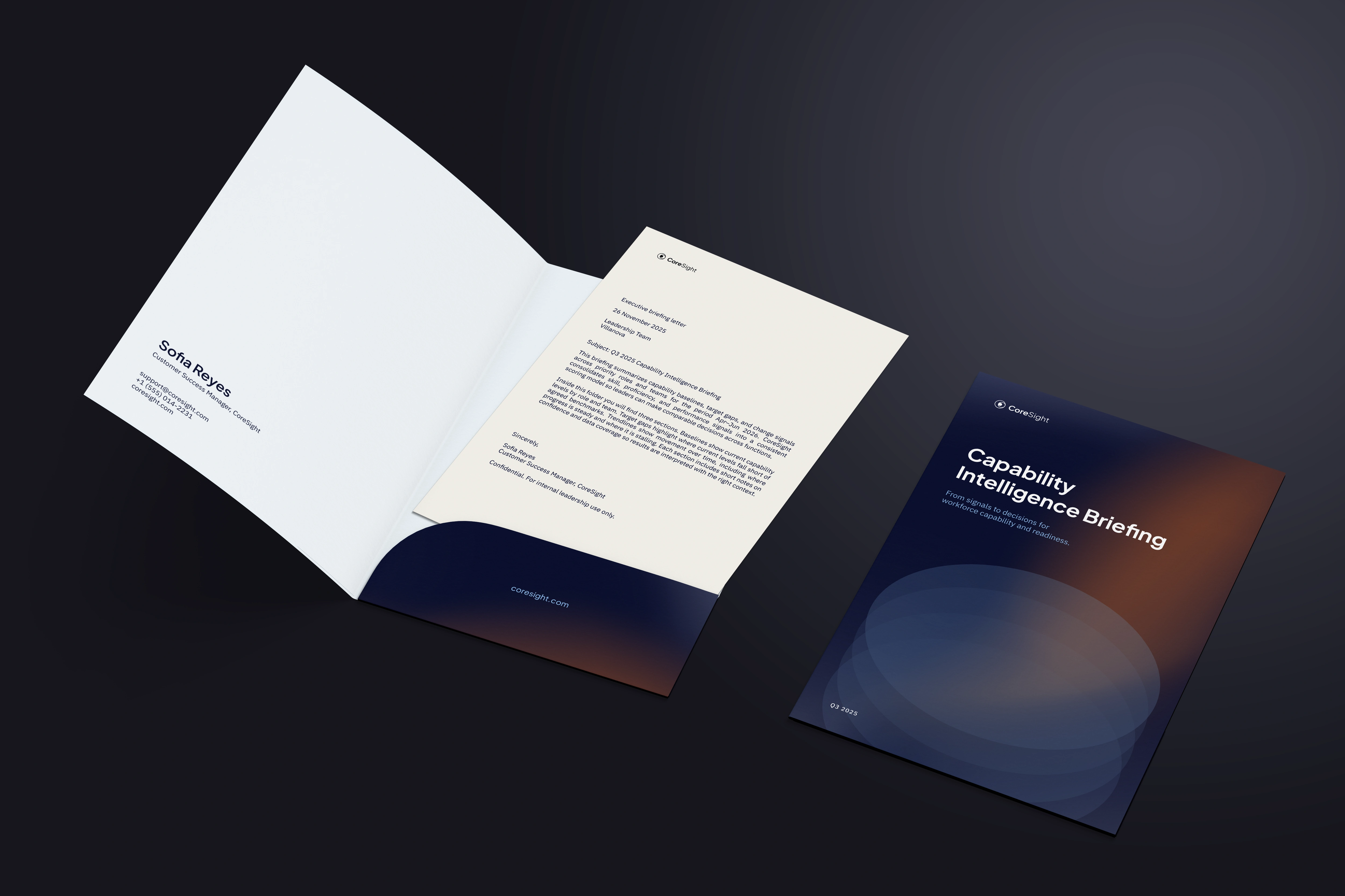 CoreSight executive briefing document with charts and data summaries.