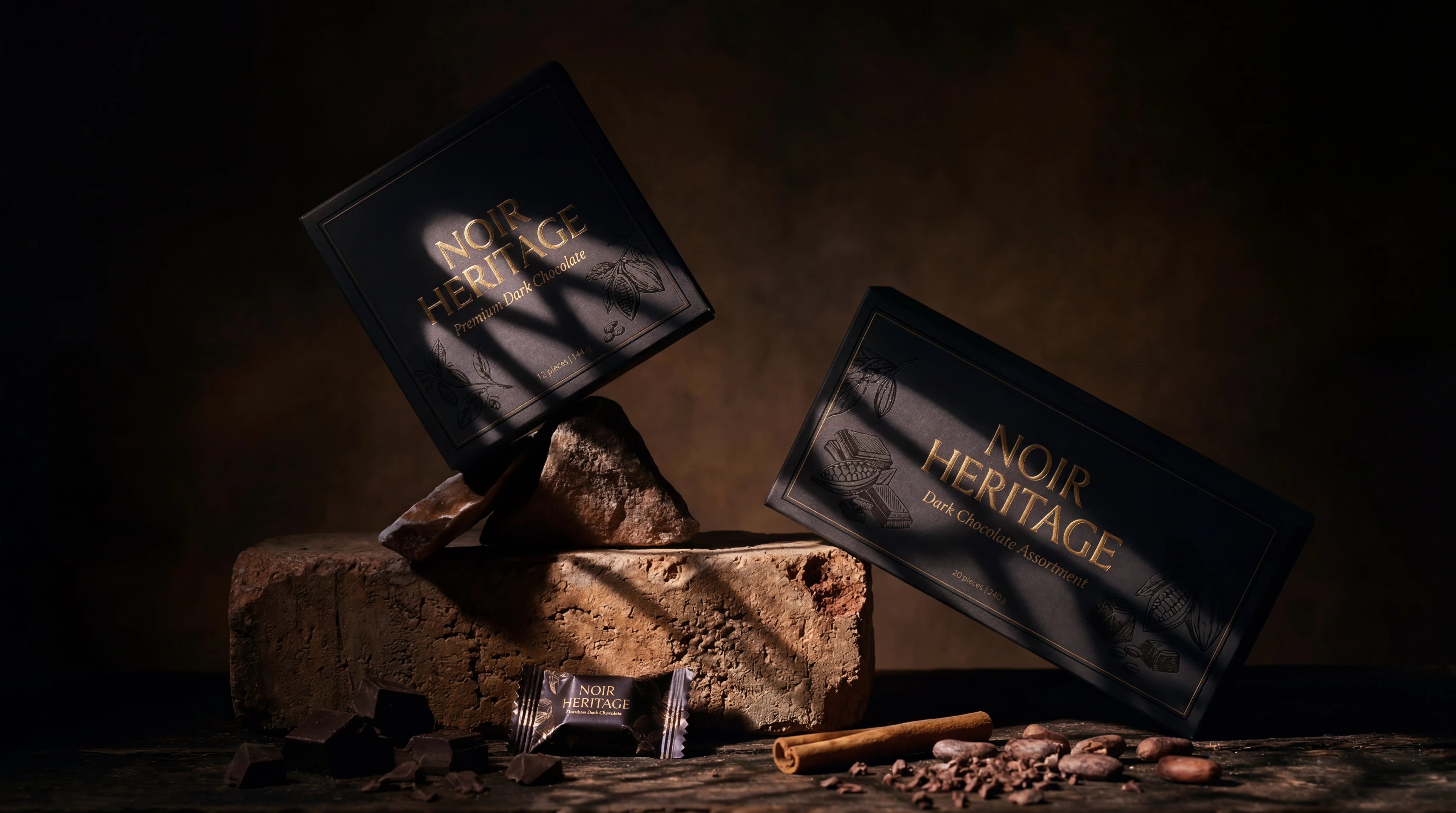 Noir Heritage luxury fragrance packaging arranged on stone blocks.