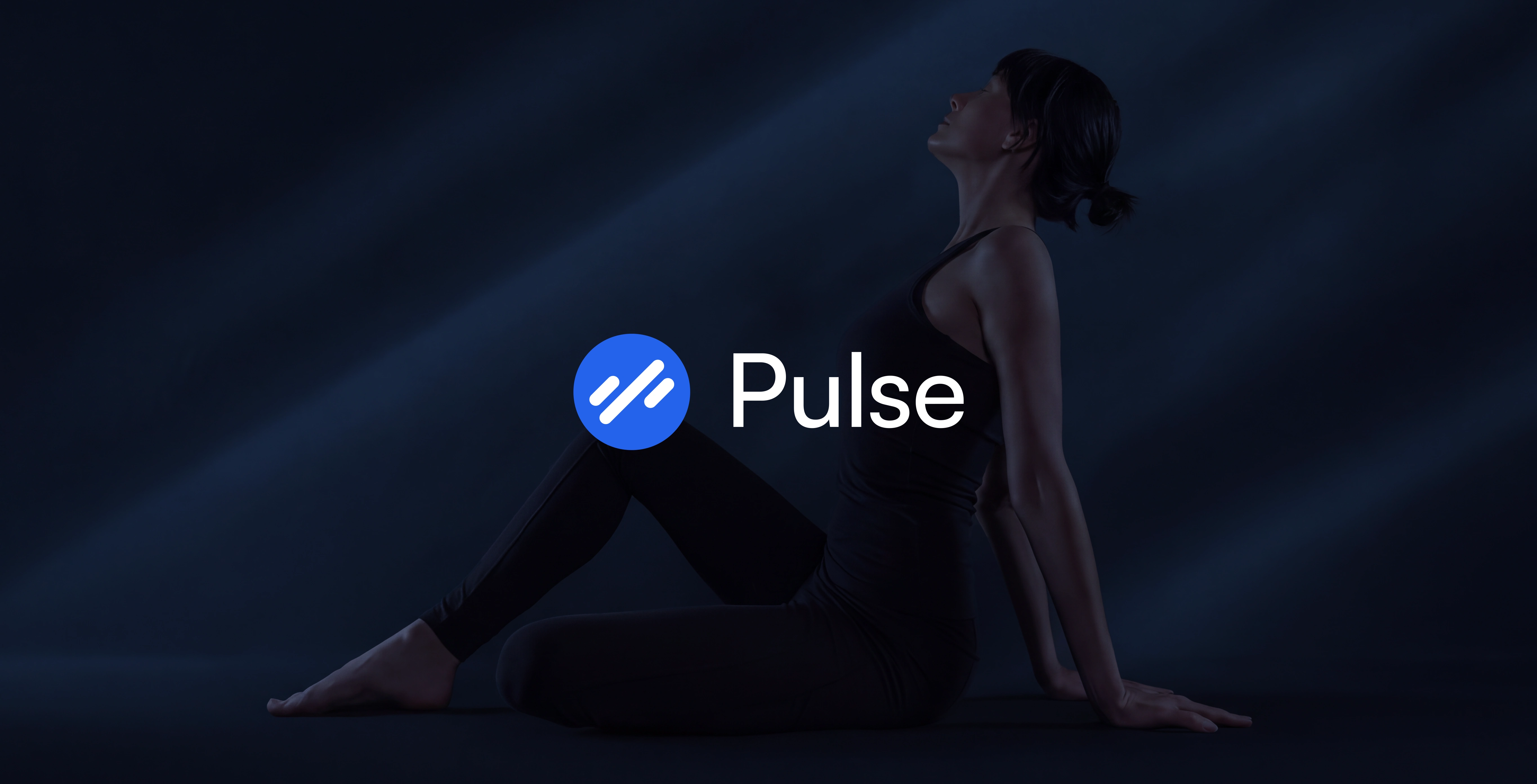 Pulse fitness brand identity shown over a portrait of an athlete seated against a dark background.