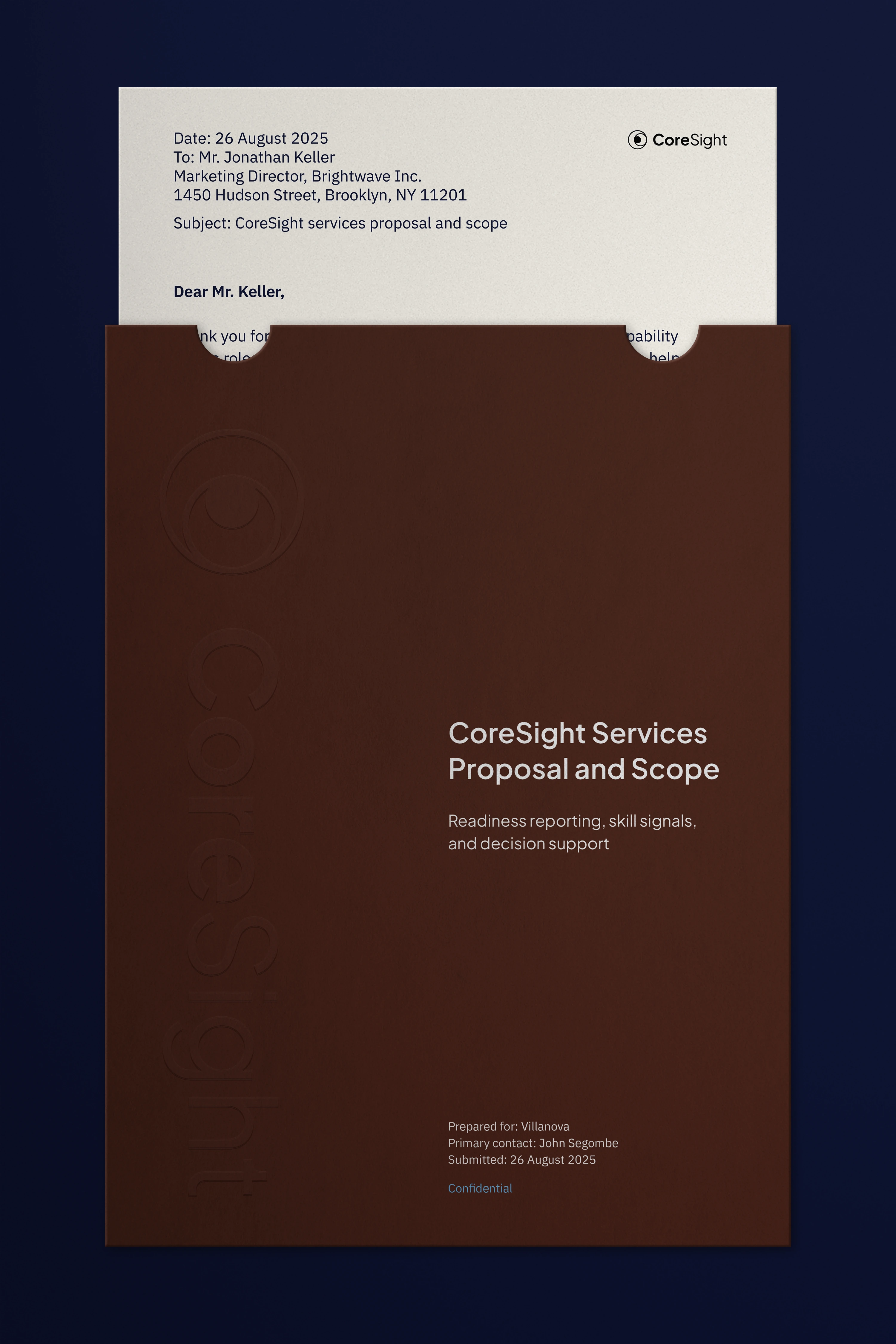 CoreSight branded proposal letter and document layout.