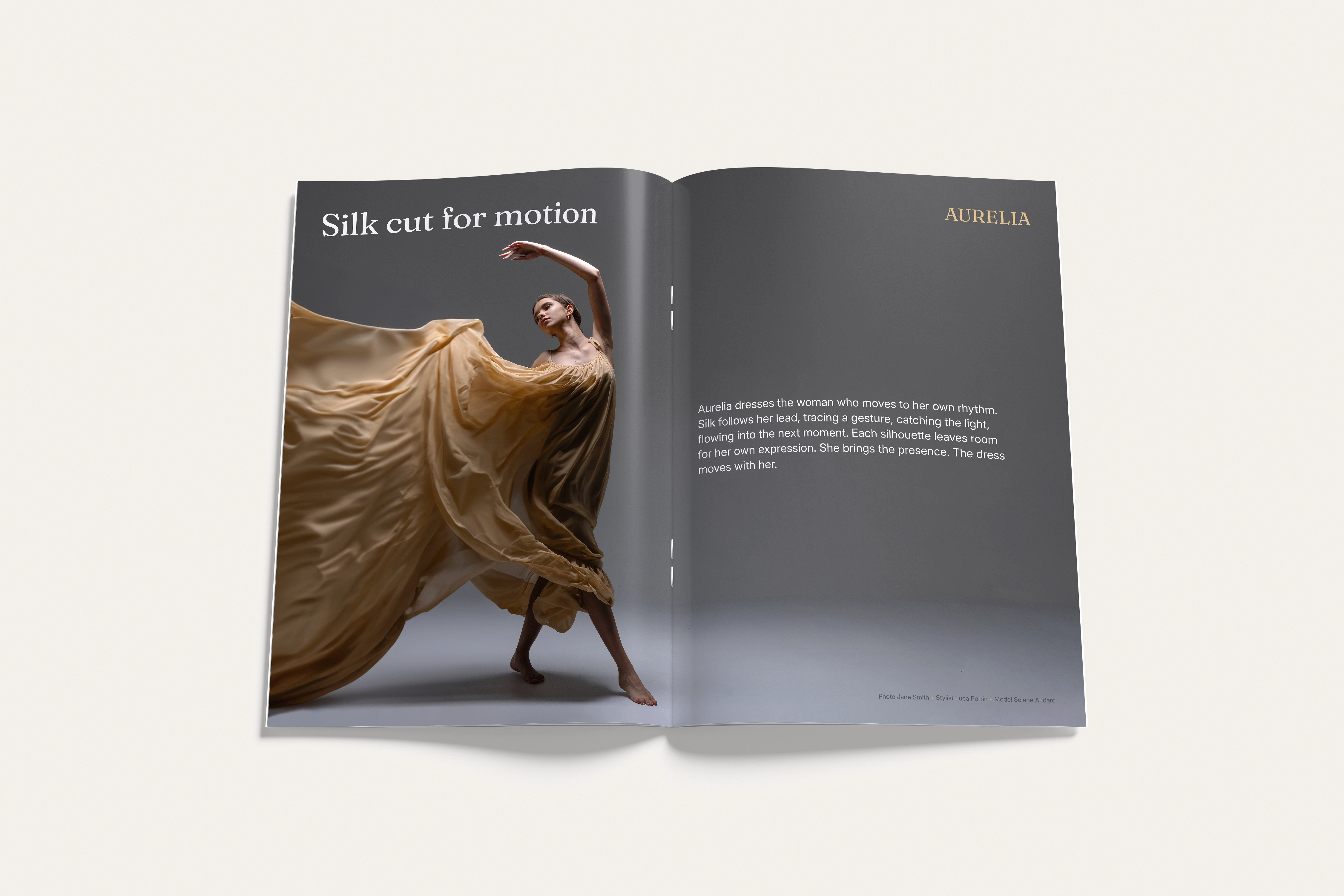 Aurelia printed brand brochure with editorial fashion layouts.