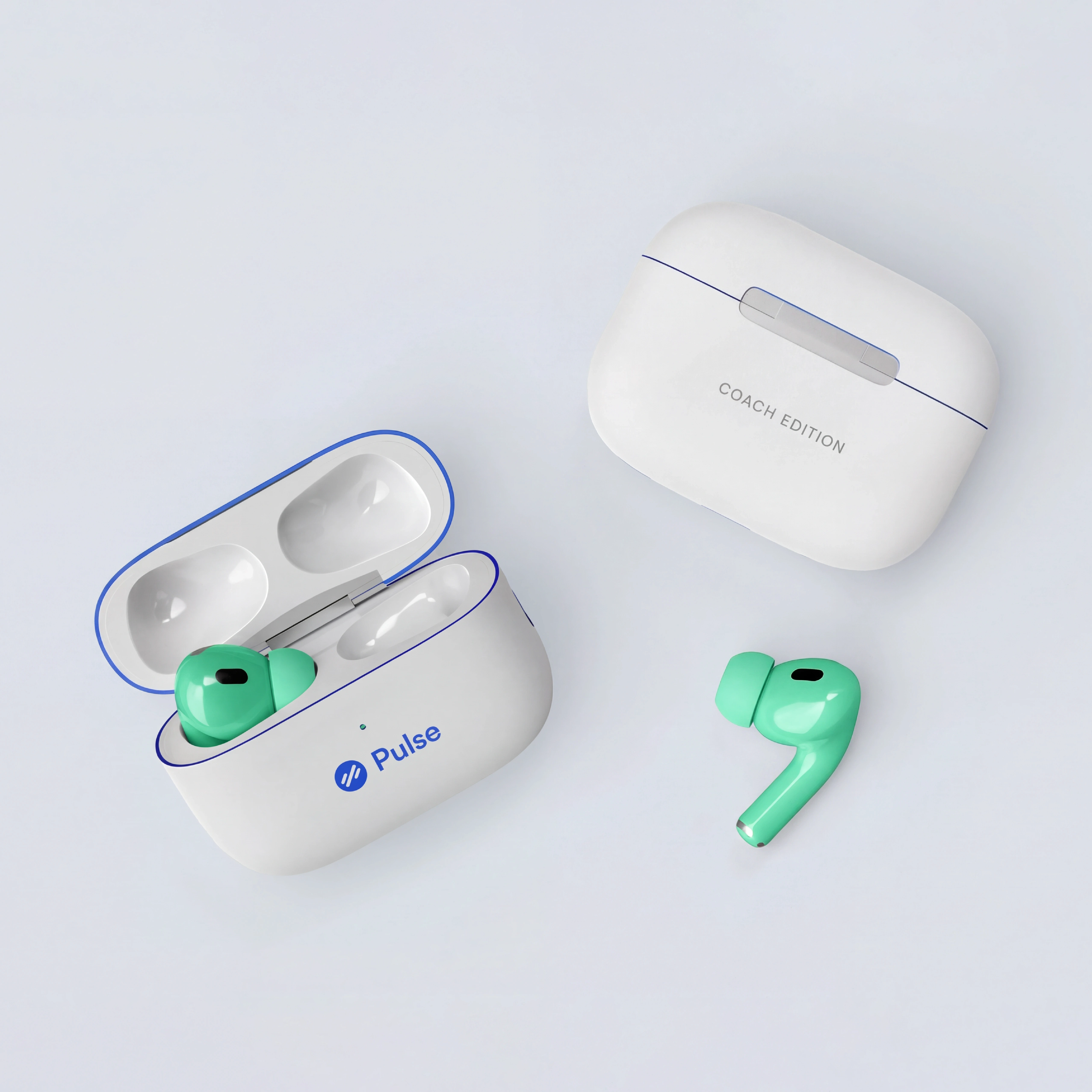 Pulse Coach Edition wireless earbuds and branded charging case.