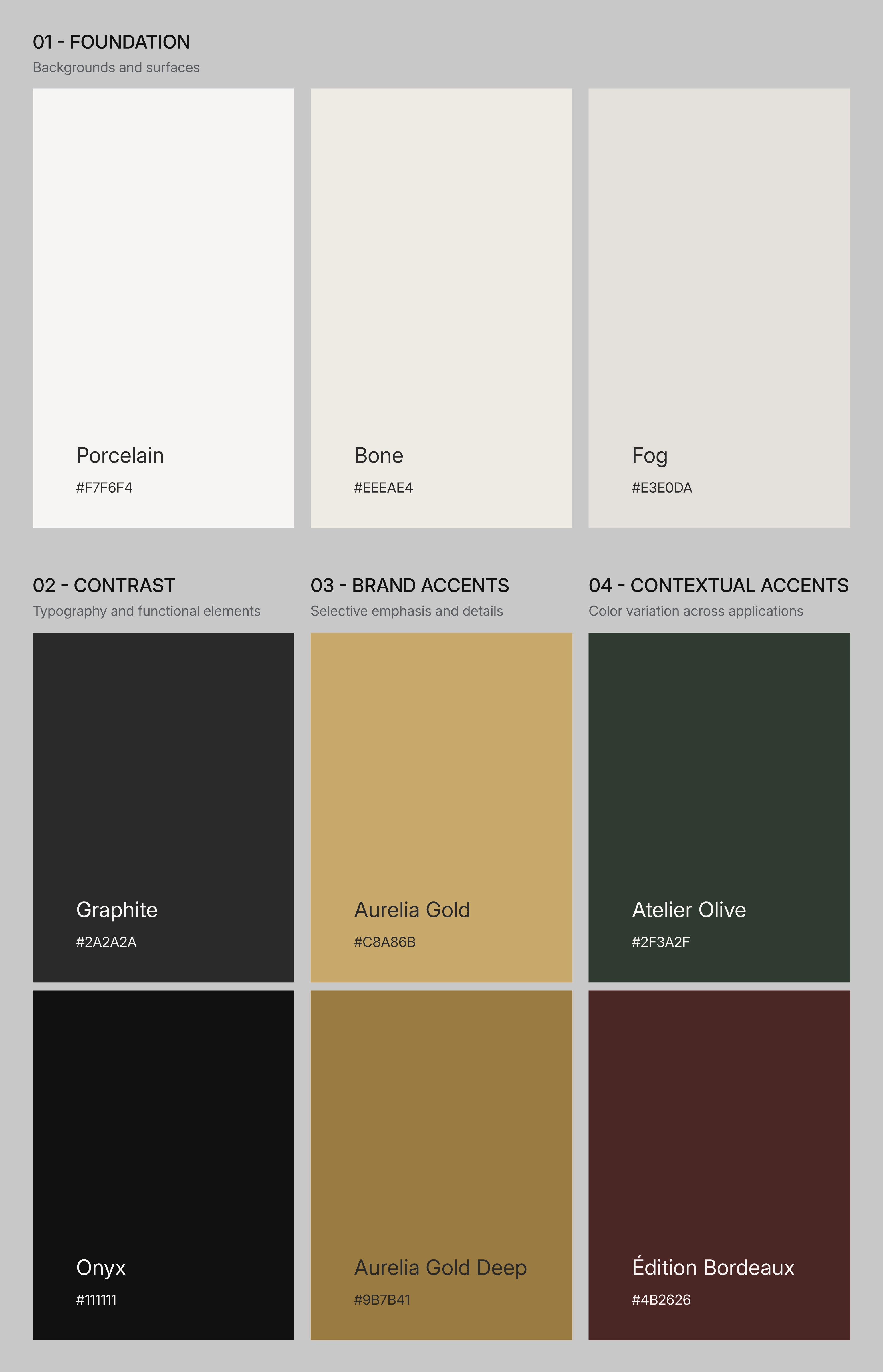 Aurelia brand color palette with ivory, black, burgundy, and gold tones.