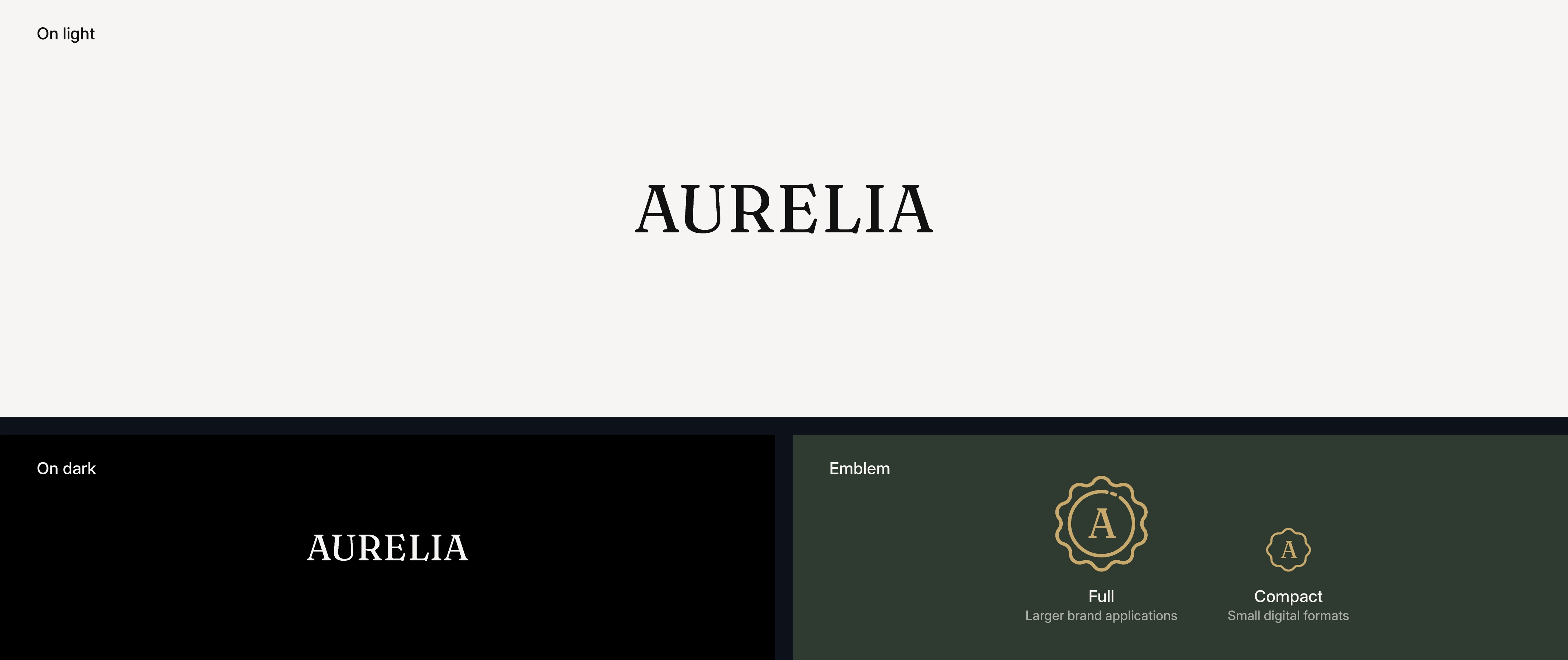 Aurelia wordmark variations shown on light, dark, and gold backgrounds.