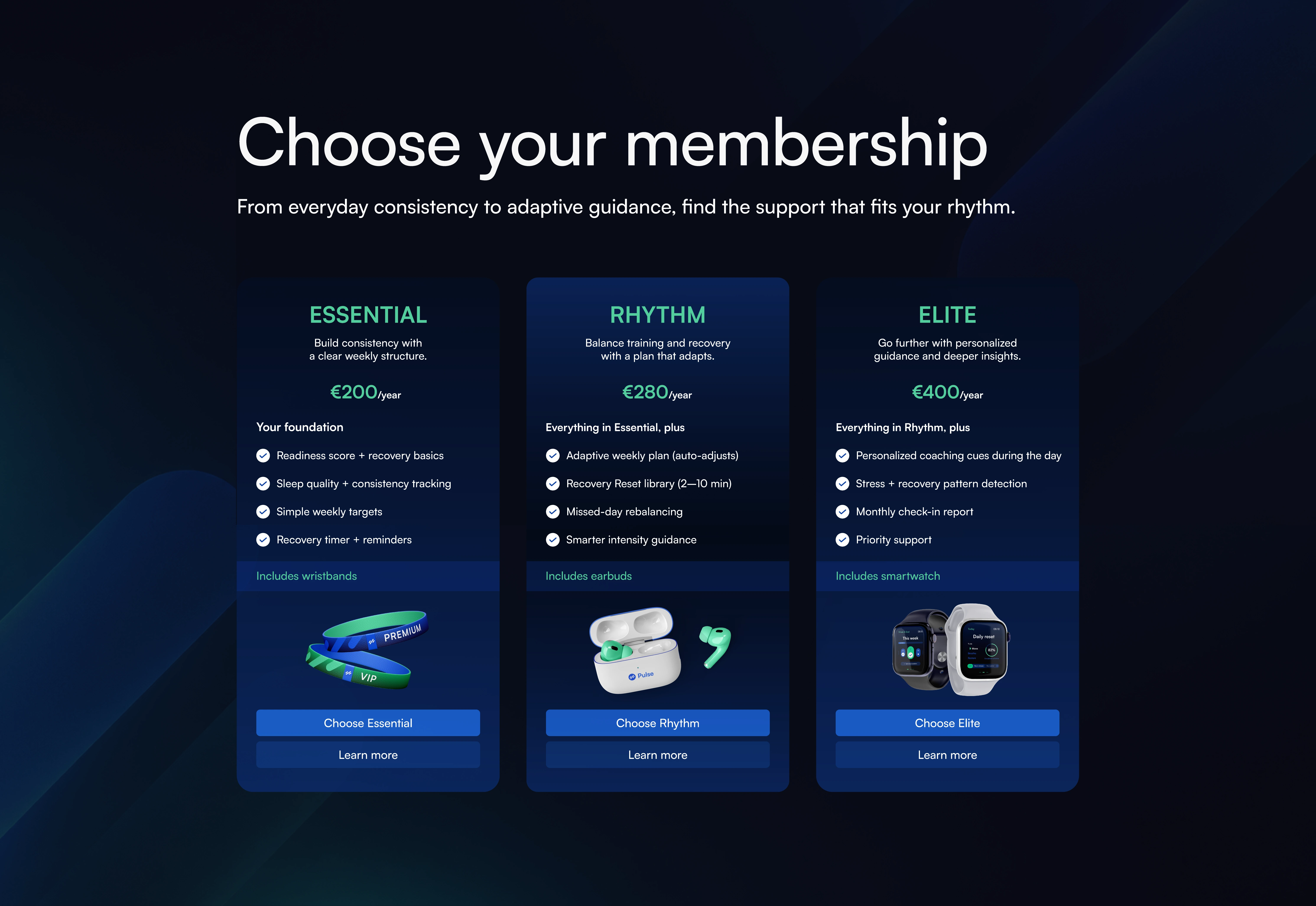 Pulse subscription pricing page with multiple membership plans.