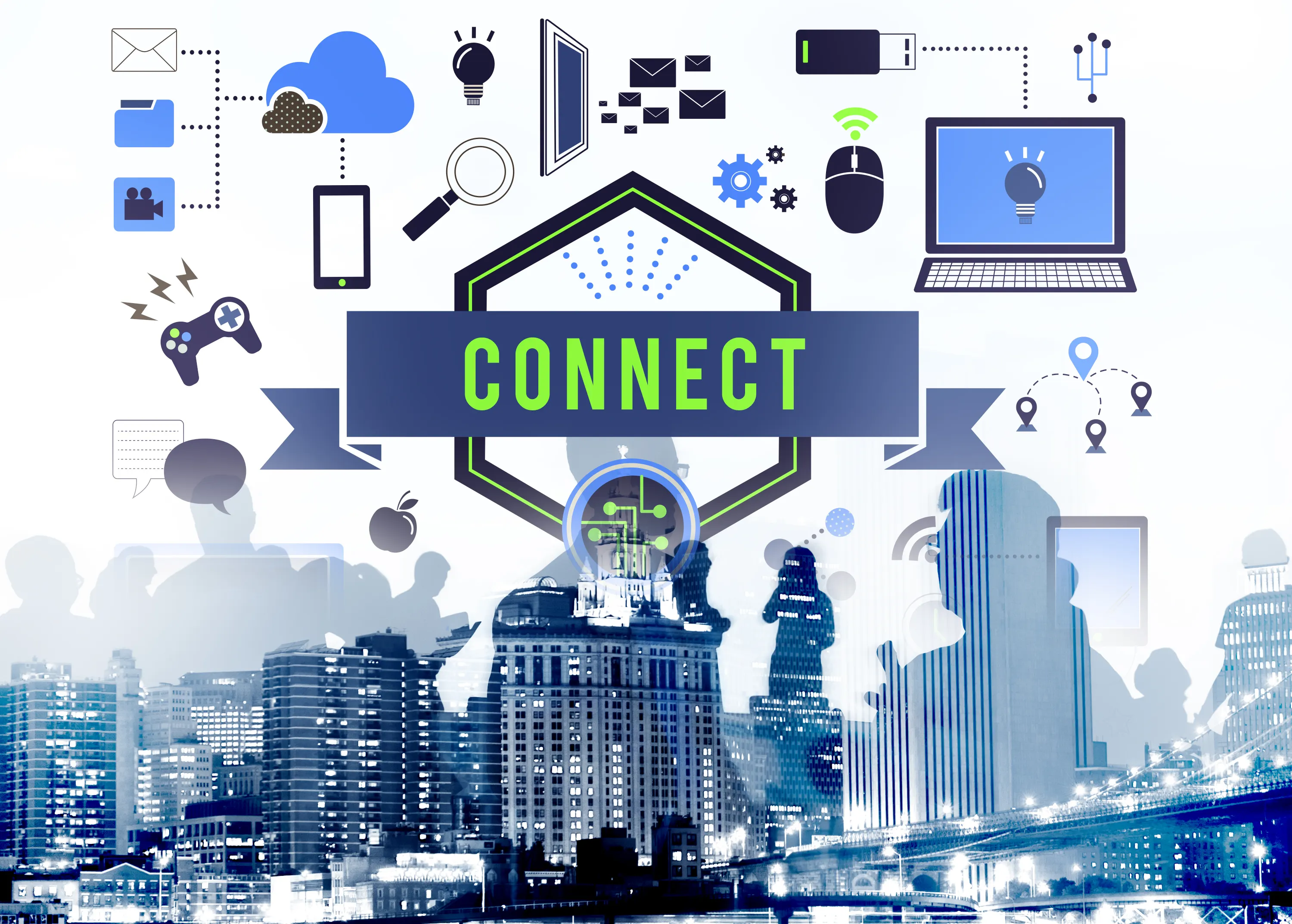 A graphic design showing a city skyline overlayed with icons representing technology and connectivity, centered around the word 'CONNECT' in bold green letters.