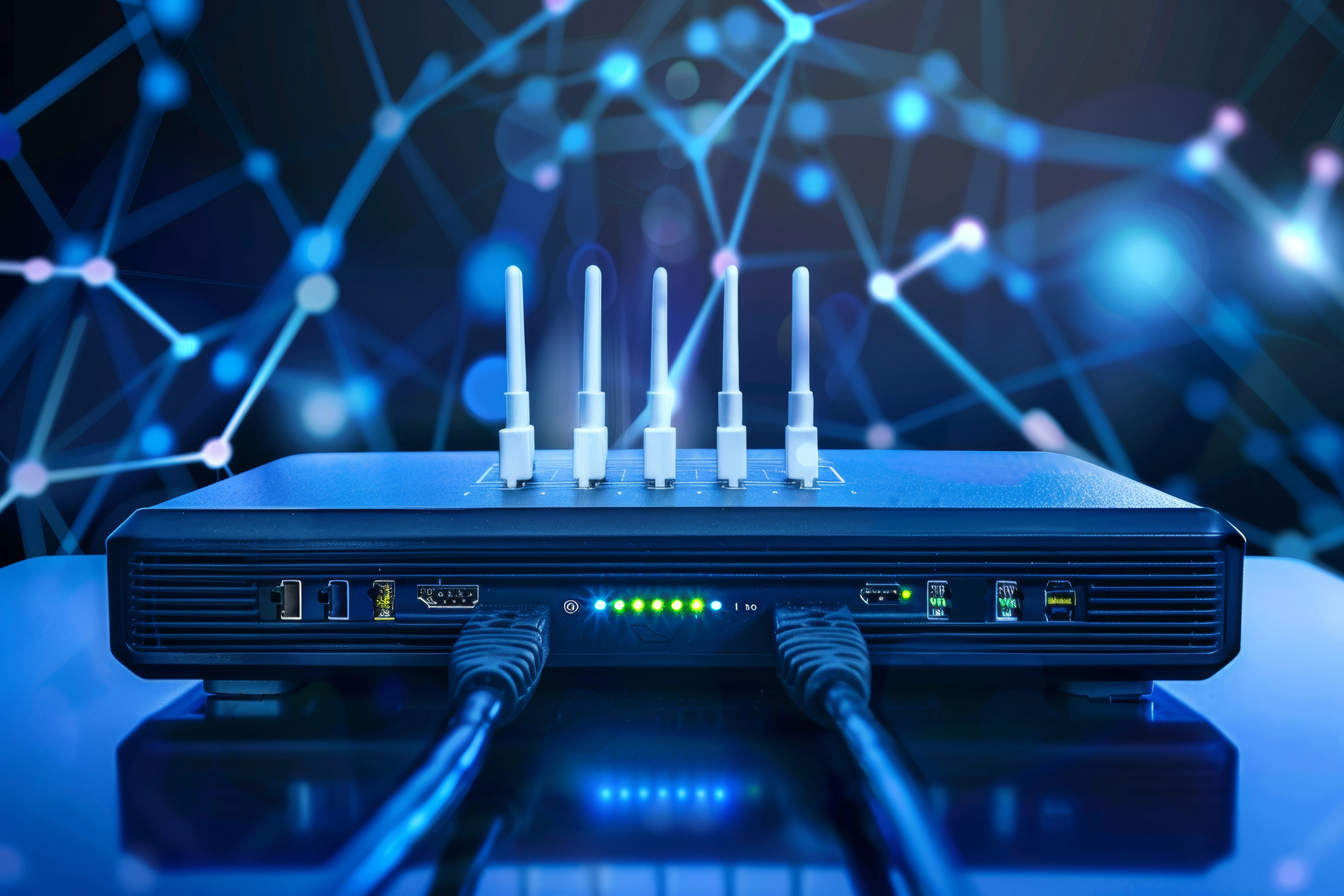 A wireless router with four antennas, featuring multiple ports on the back and lit indicator lights, set against a blurred digital network background.