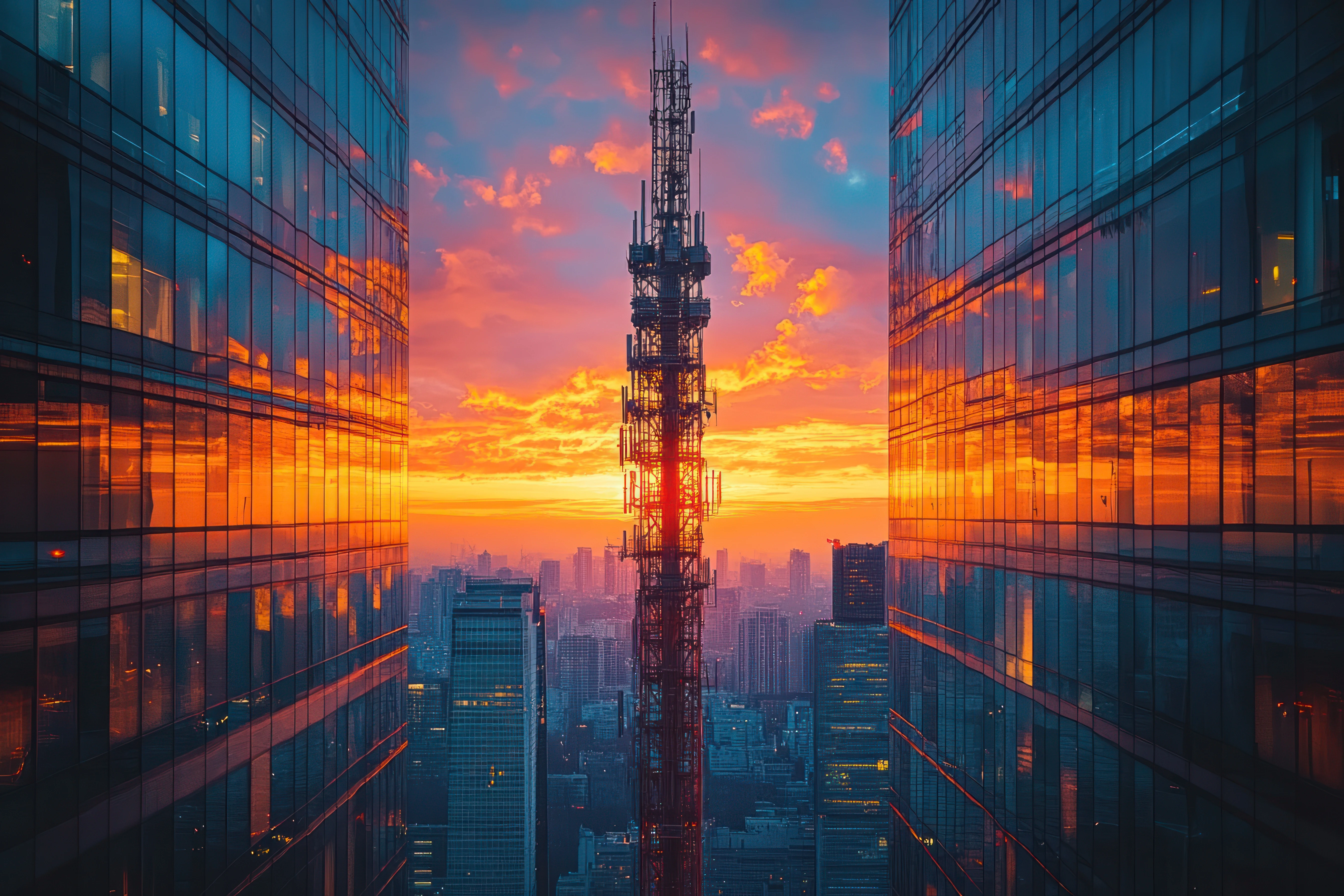 A city skyline at sunset, with buildings reflecting shades of orange and purple in the sky. A communication tower stands prominently between two glass skyscrapers.