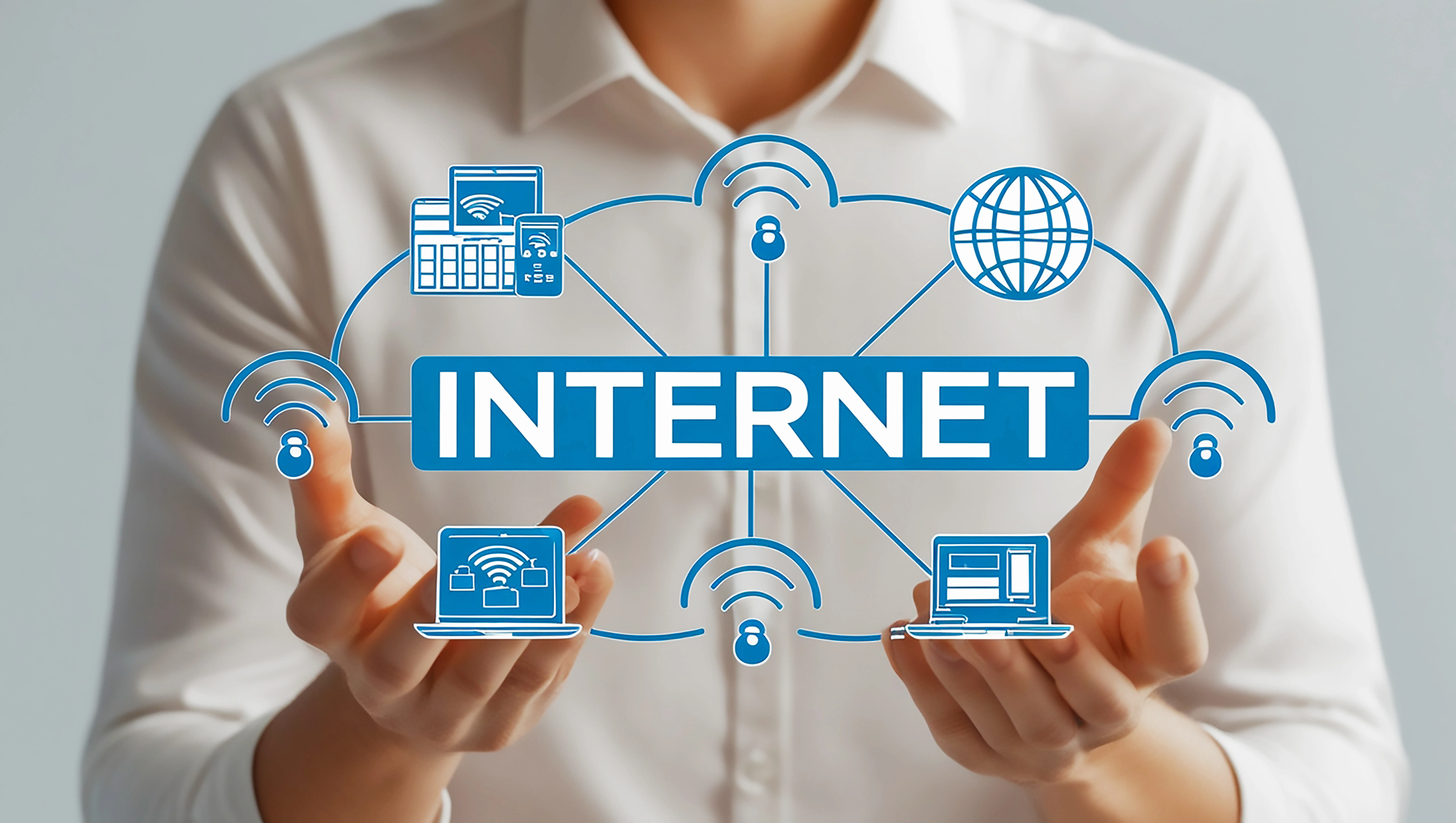 A person wearing a white shirt holding out hands with graphics illustrating internet connectivity, including devices and network symbols, with the word "INTERNET" prominently displayed between the hands.