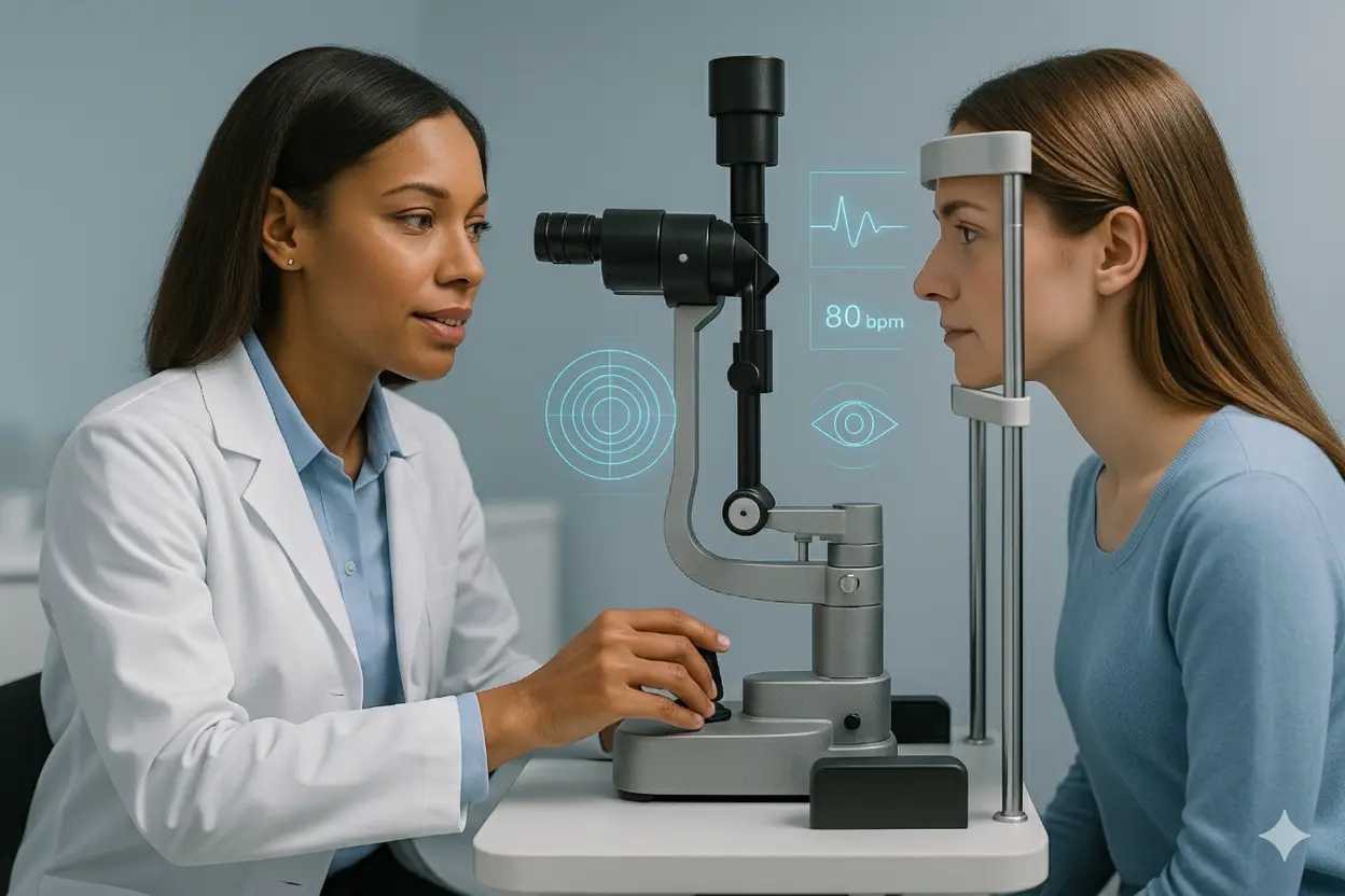 Optometrist using advanced AI-powered diagnostic tools during an eye exam to measure eye health and patient metrics.