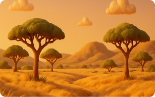 Savanna landscape with acacia trees, golden grass, hills, and a warm orange sky with scattered clouds.