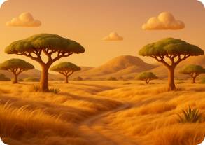Savanna landscape with acacia trees, tall golden grass, and distant hills under a warm orange sky with fluffy clouds.