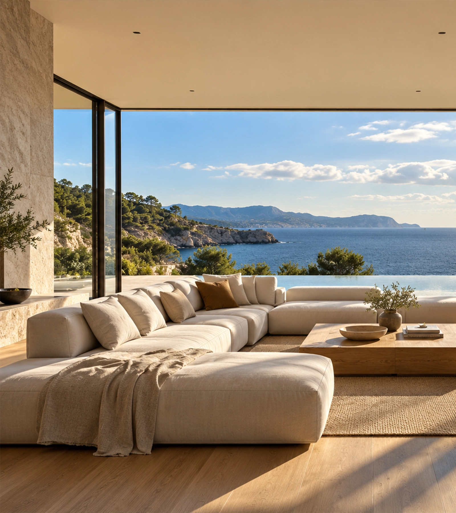 Sunlit luxury seaside living room overlooking a calm blue bay