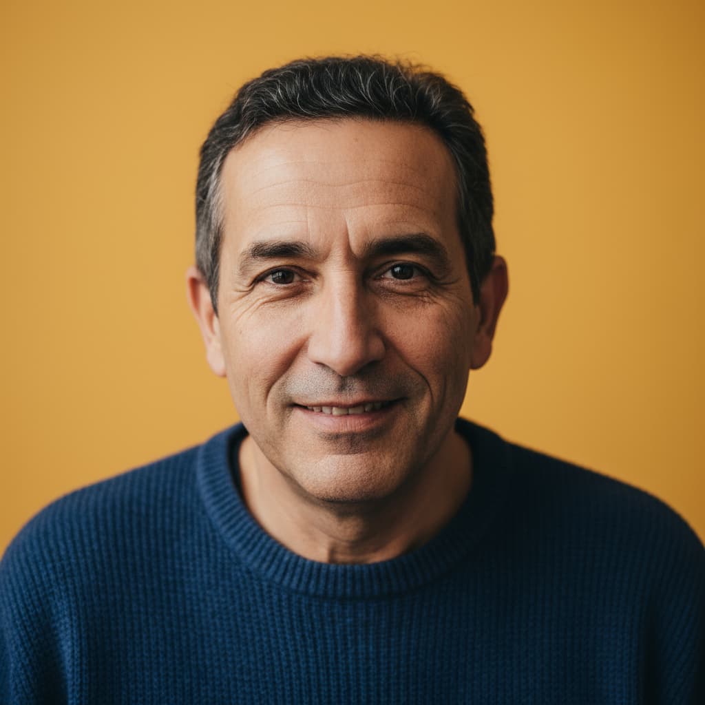 Portret van een glimlachende volwassen man met donker haar en blauwe trui voor een okergele achtergrond.