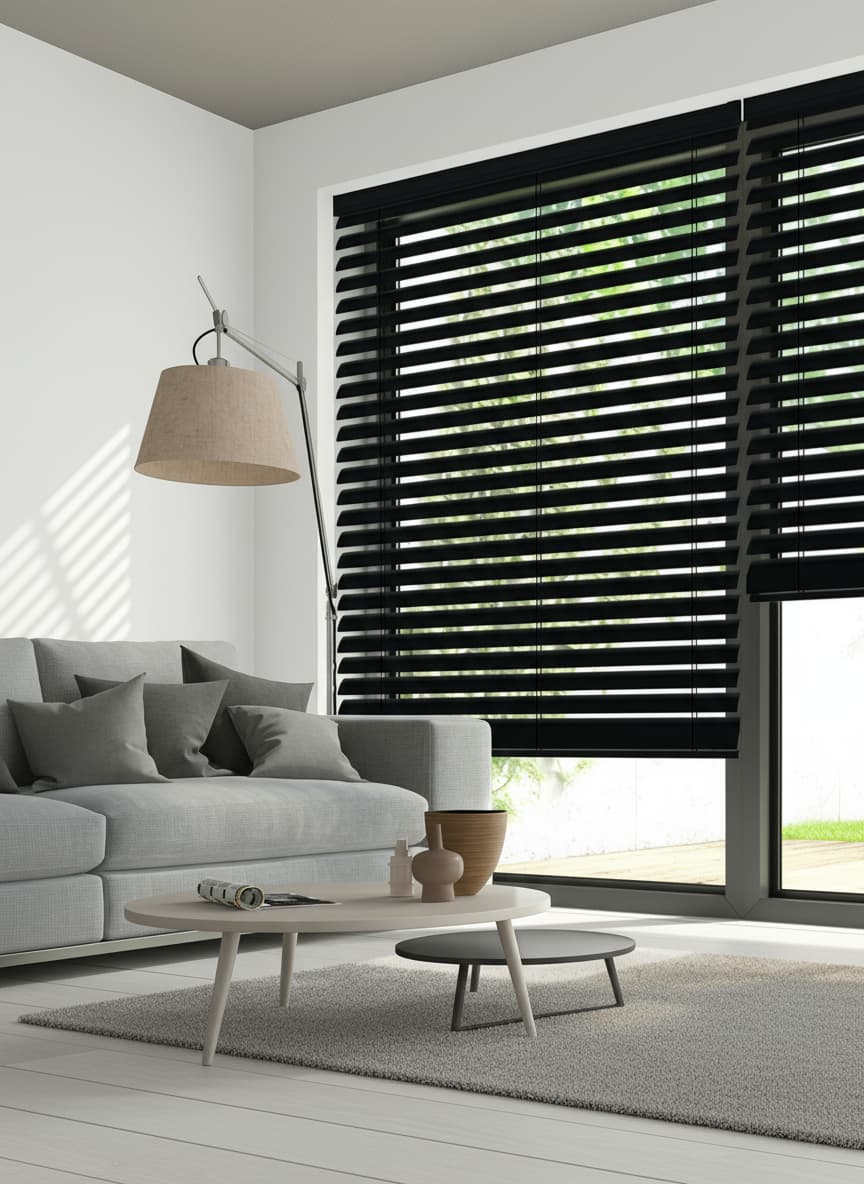 Moderne woonkamer met een lichtgrijze bank met kussens, een beige vloerlamp, een lichte salontafel met decoraties en zwarte jaloezieën voor grote ramen.