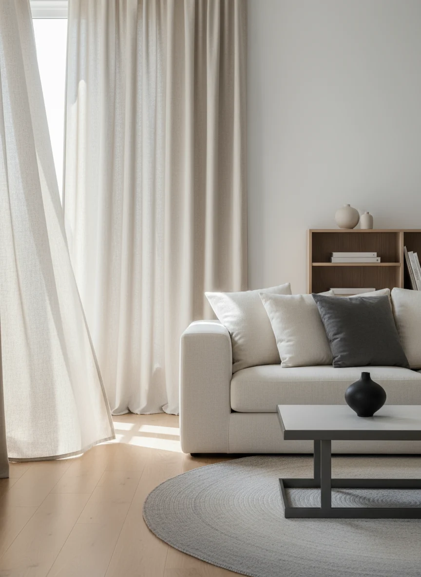Licht modern interieur met beige gordijnen, een lichte bank met kussens, een lage tafel en een ronde grijze vloerkleed.