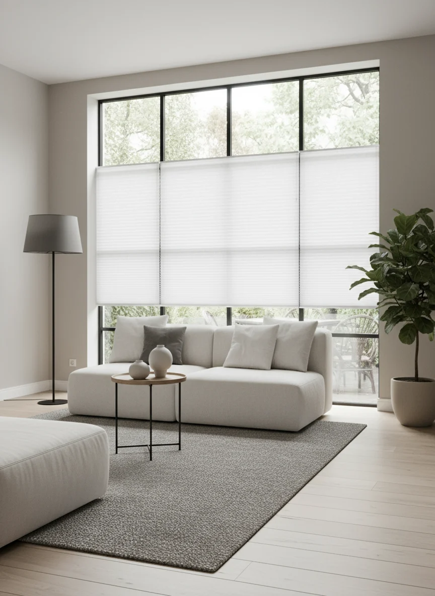 Woonkamer met grote ramen bedekt met witte plissé gordijnen, een lichte bank met kussens, een klein houten tafeltje met vazen, een vloerlamp en een groene plant in een pot.