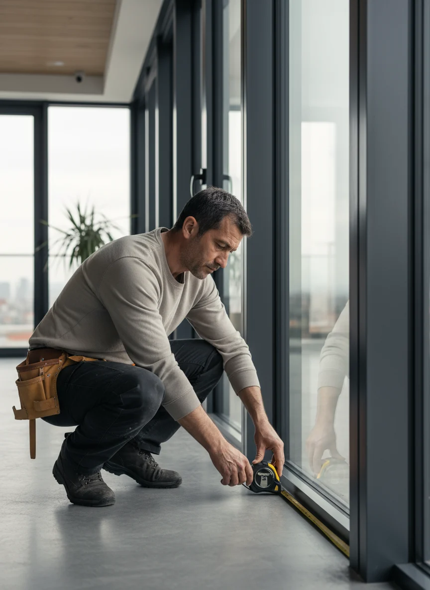 Monteur van Axa Raamdecoratie plaatst hordeur op maat bij klant in Rotterdam.