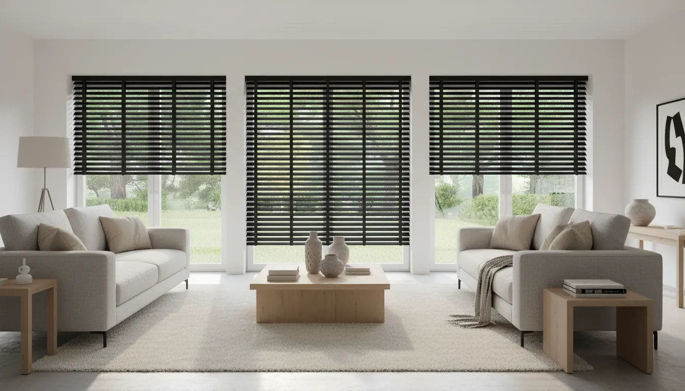 Moderne woonkamer met twee lichtgrijze banken, een houten salontafel, zwarte houten jaloezieën voor grote ramen en neutrale decoraties.