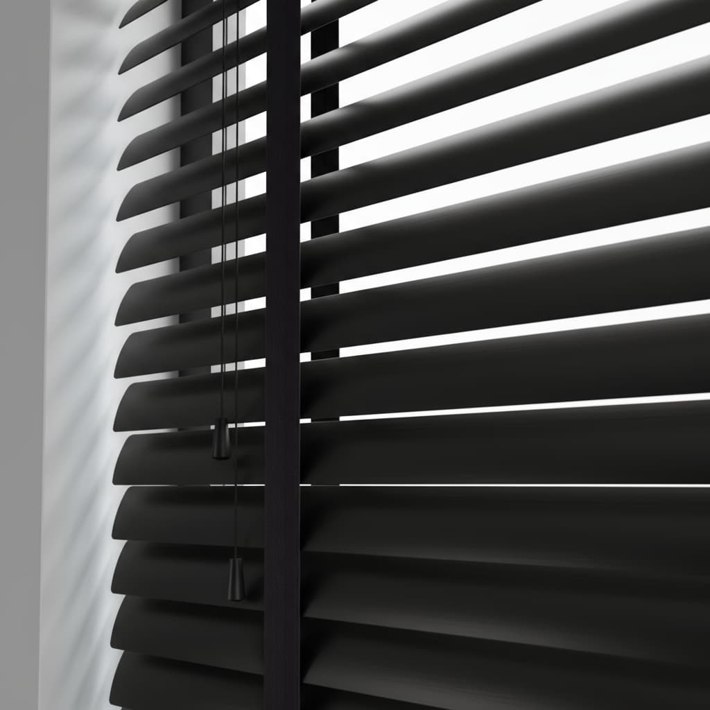 Aluminium jaloezieën met strakke zwarte lamellen in modern interieur.