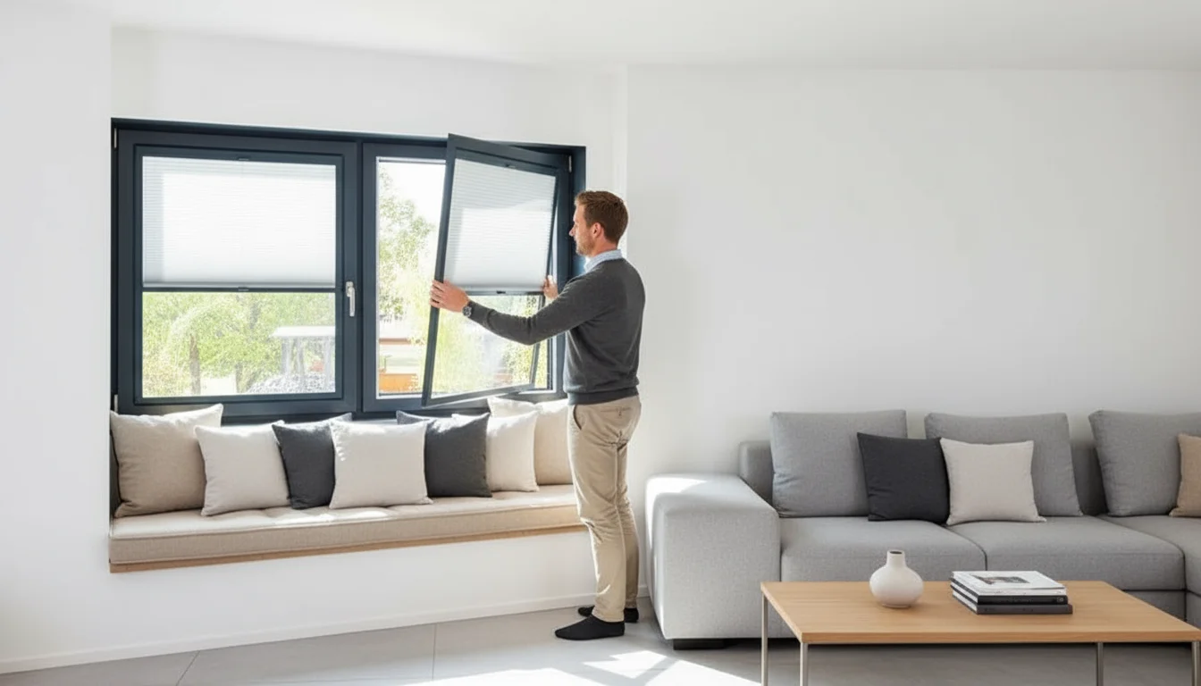Moderne woonkamer met twee lichtgrijze banken, een houten salontafel, zwarte houten jaloezieën voor grote ramen en neutrale decoraties.