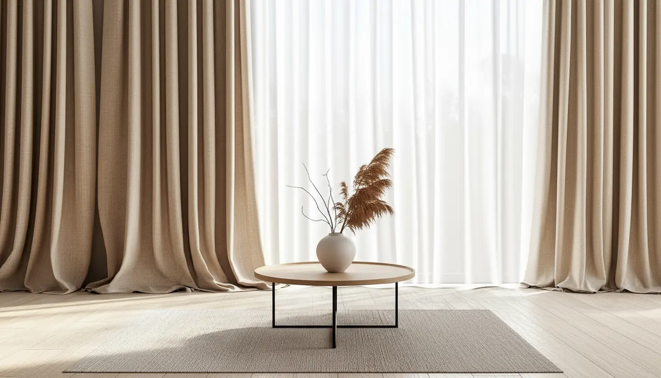 Moderne woonkamer met twee lichtgrijze banken, een houten salontafel, zwarte houten jaloezieën voor grote ramen en neutrale decoraties.