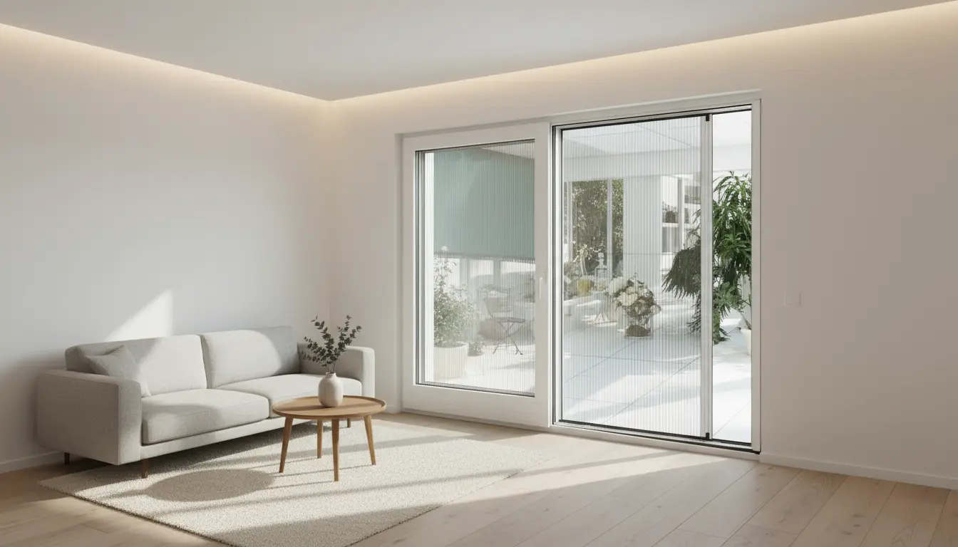 Moderne woonkamer met twee lichtgrijze banken, een houten salontafel, zwarte houten jaloezieën voor grote ramen en neutrale decoraties.