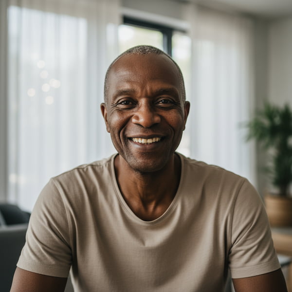 Tevreden klant van Axa Raamdecoratie in Rotterdam, glimlachend portret bij raam met lichte gordijnen op de achtergrond.