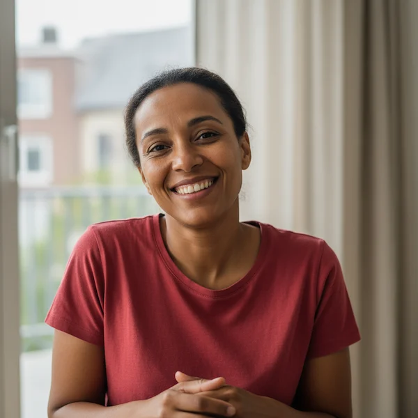 Tevreden klant van Axa Raamdecoratie in Rotterdam, glimlachend portret bij raam met lichte gordijnen op de achtergrond.