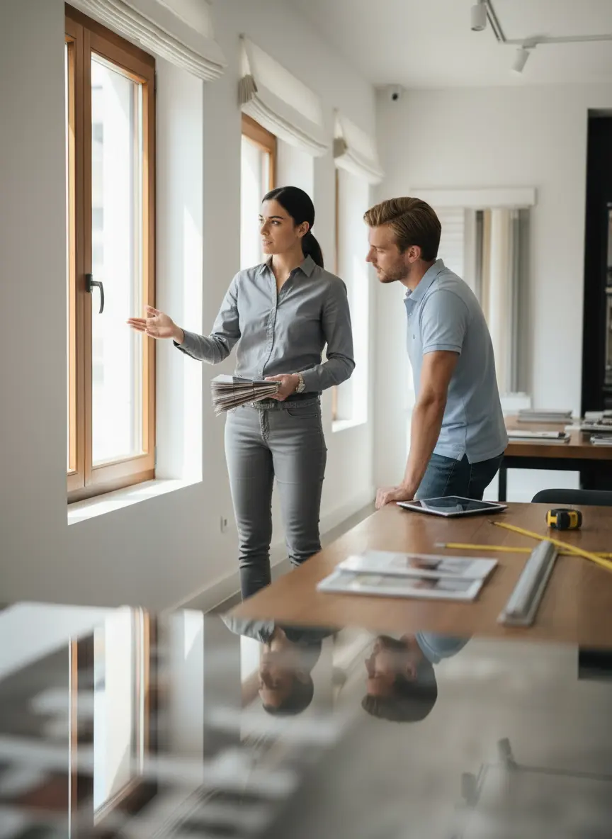 Adviseur van Axa Raamdecoratie bespreekt kleuren en stoffen met klant in showroom in Rotterdam.