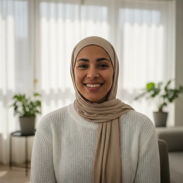 Tevreden klant van Axa Raamdecoratie in Rotterdam, glimlachend portret bij raam met lichte gordijnen op de achtergrond.