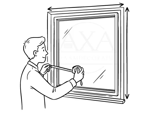 Man meet een raam met een meetlint aan de binnenkant, met pijlen die de breedte en hoogte aangeven.