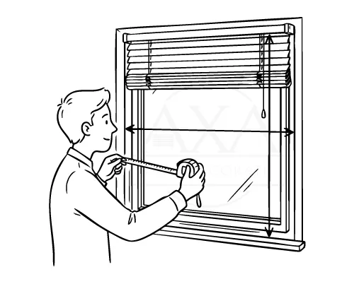 Man meet de breedte en hoogte van een raam met jaloezieën met een meetlint.
