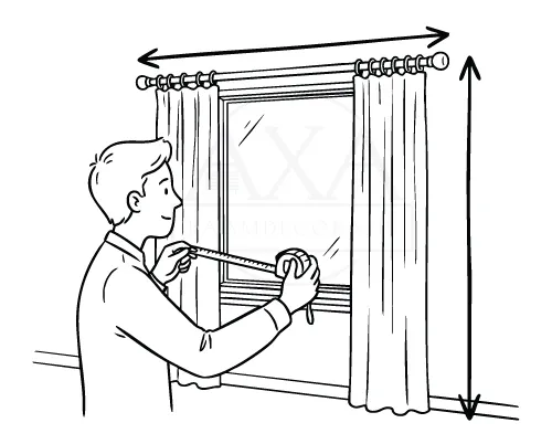 Man meet raamgordijn met meetlint voor breedte en hoogte.