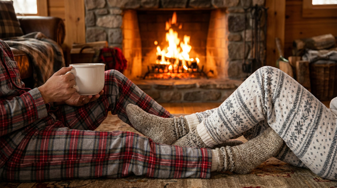  Couple in plaid pajamas and wool socks relaxing by a stone fireplace with a warm cup of tea
