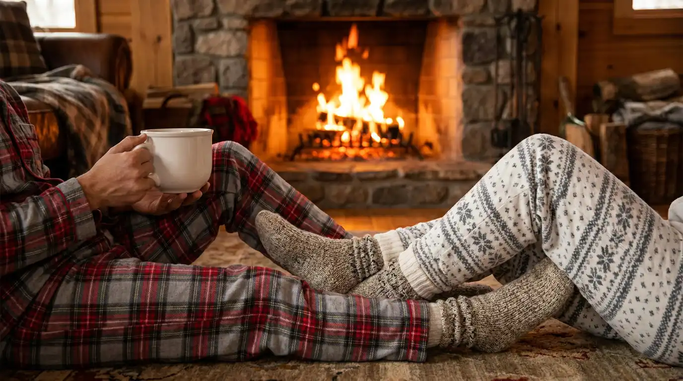  Couple in plaid pajamas and wool socks relaxing by a stone fireplace with a warm cup of tea