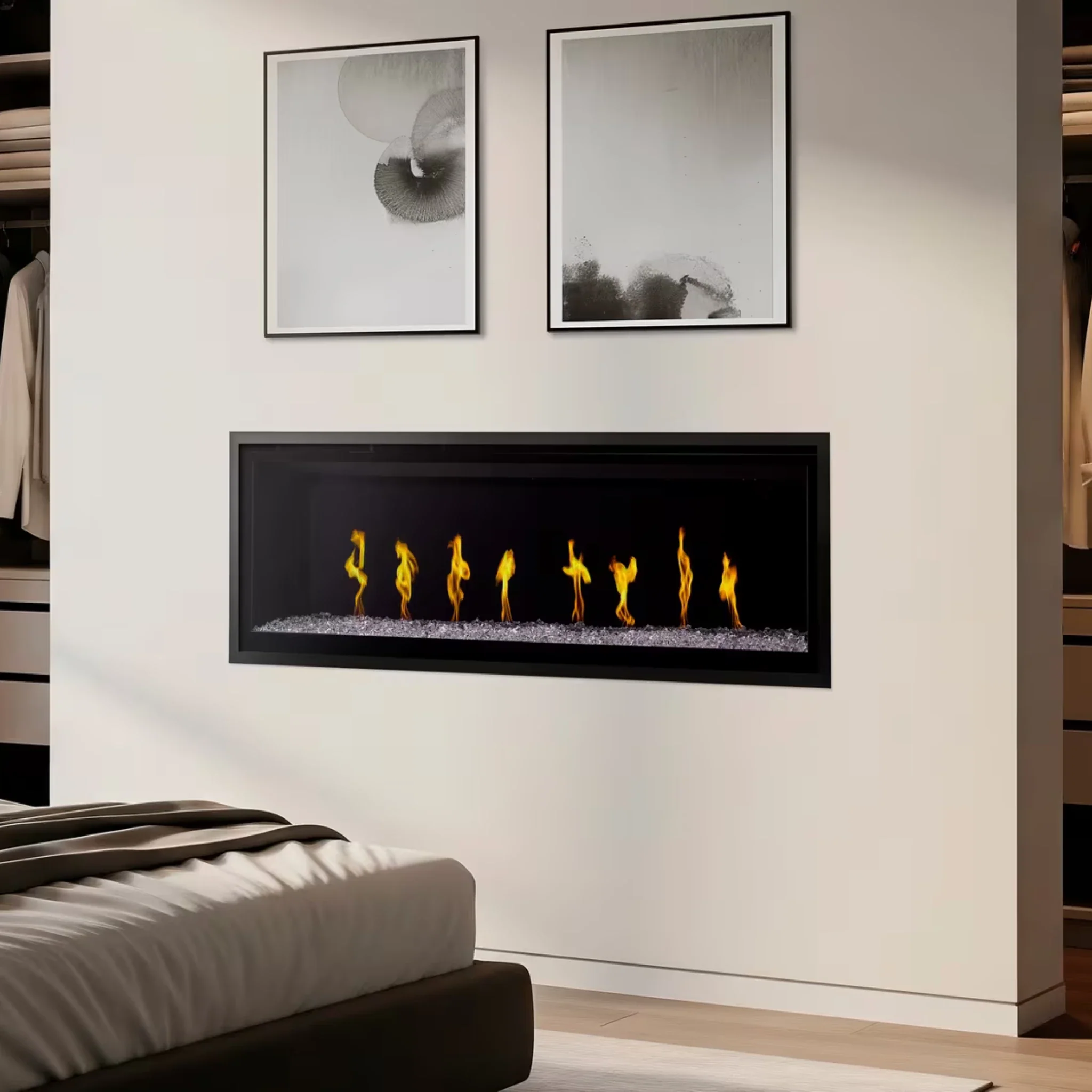 Linear electric fireplace recessed into a modern living room wall
