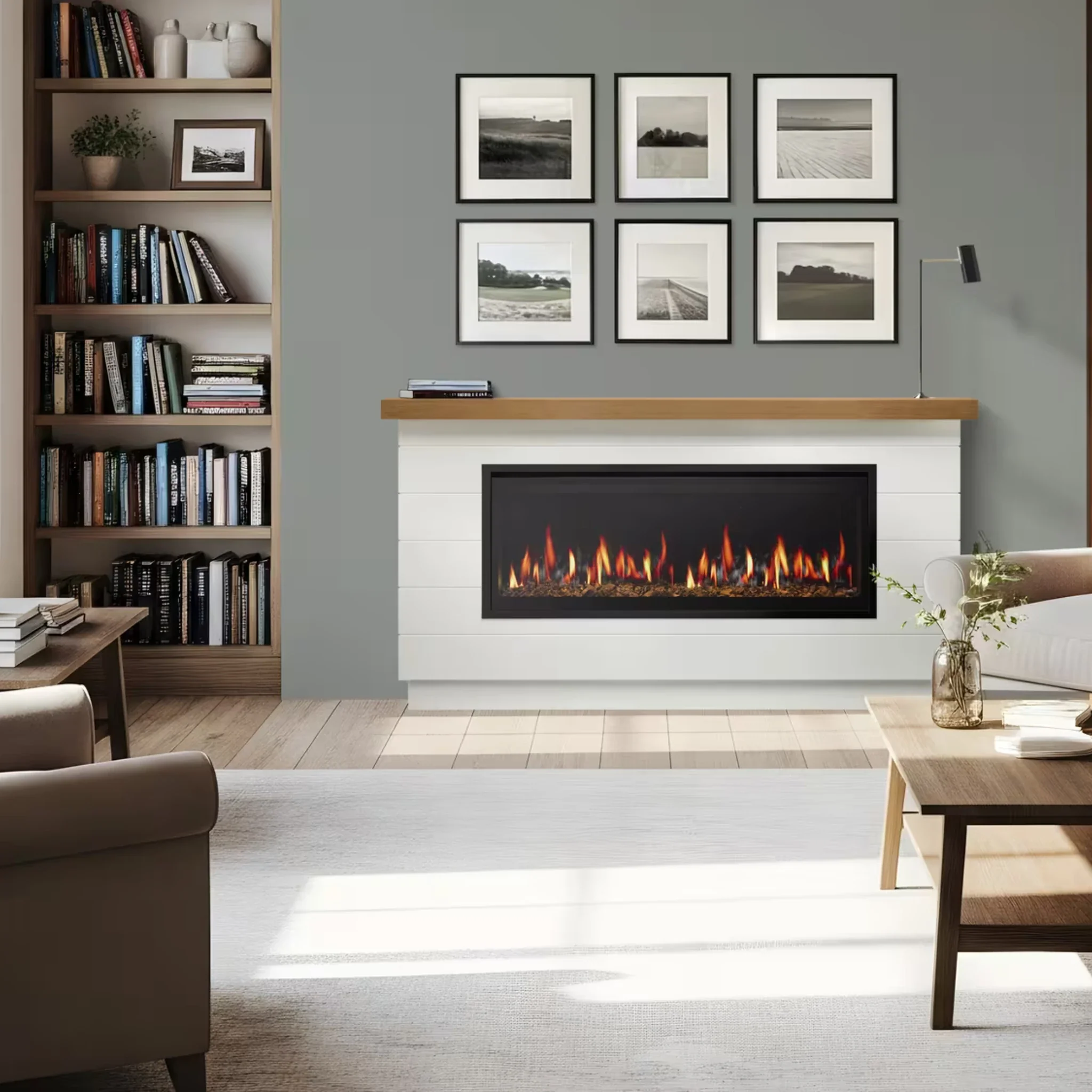 Linear electric fireplace running in a contemporary living room (manufacturer product photograph)