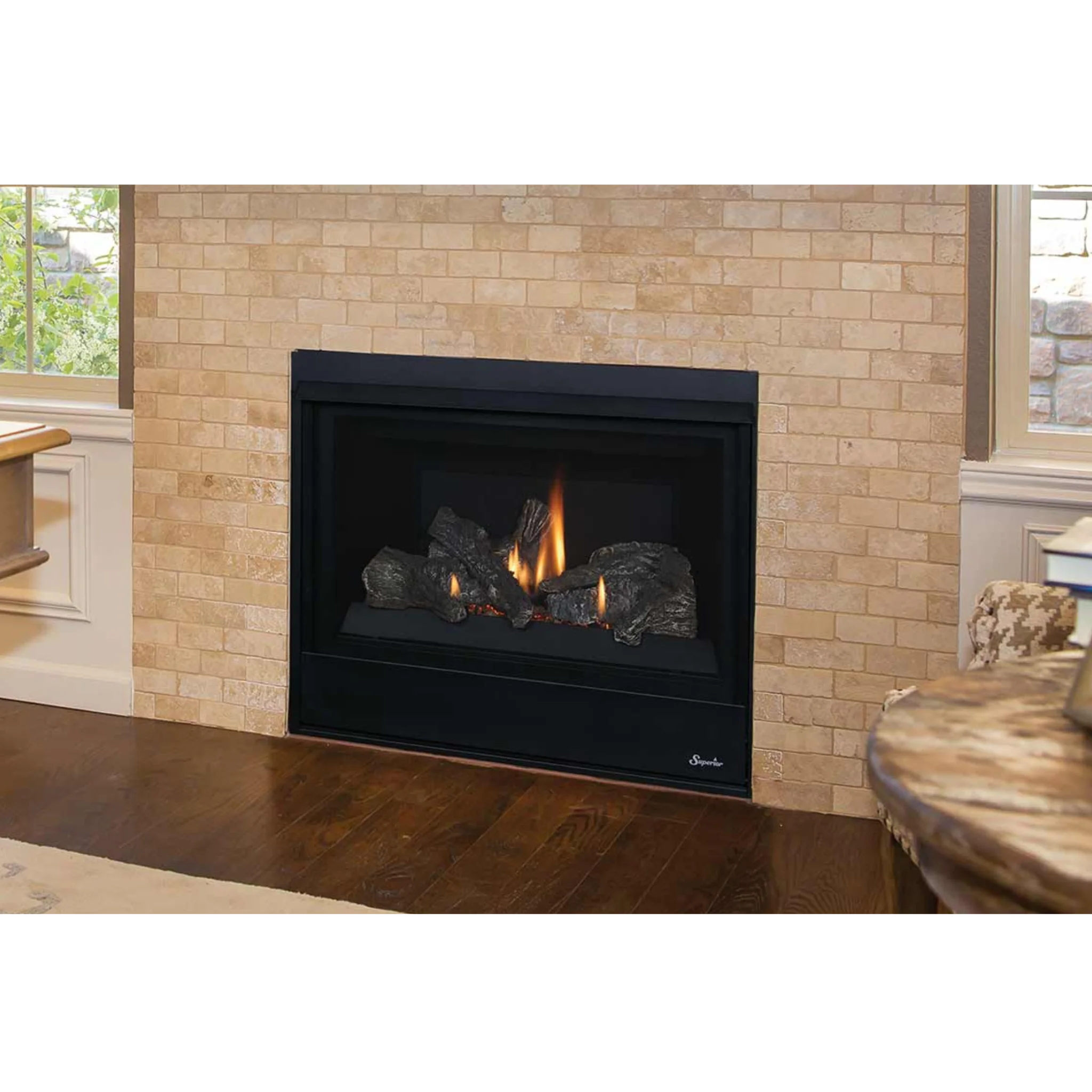 Traditional front-view direct vent gas fireplace with ceramic fibre logs