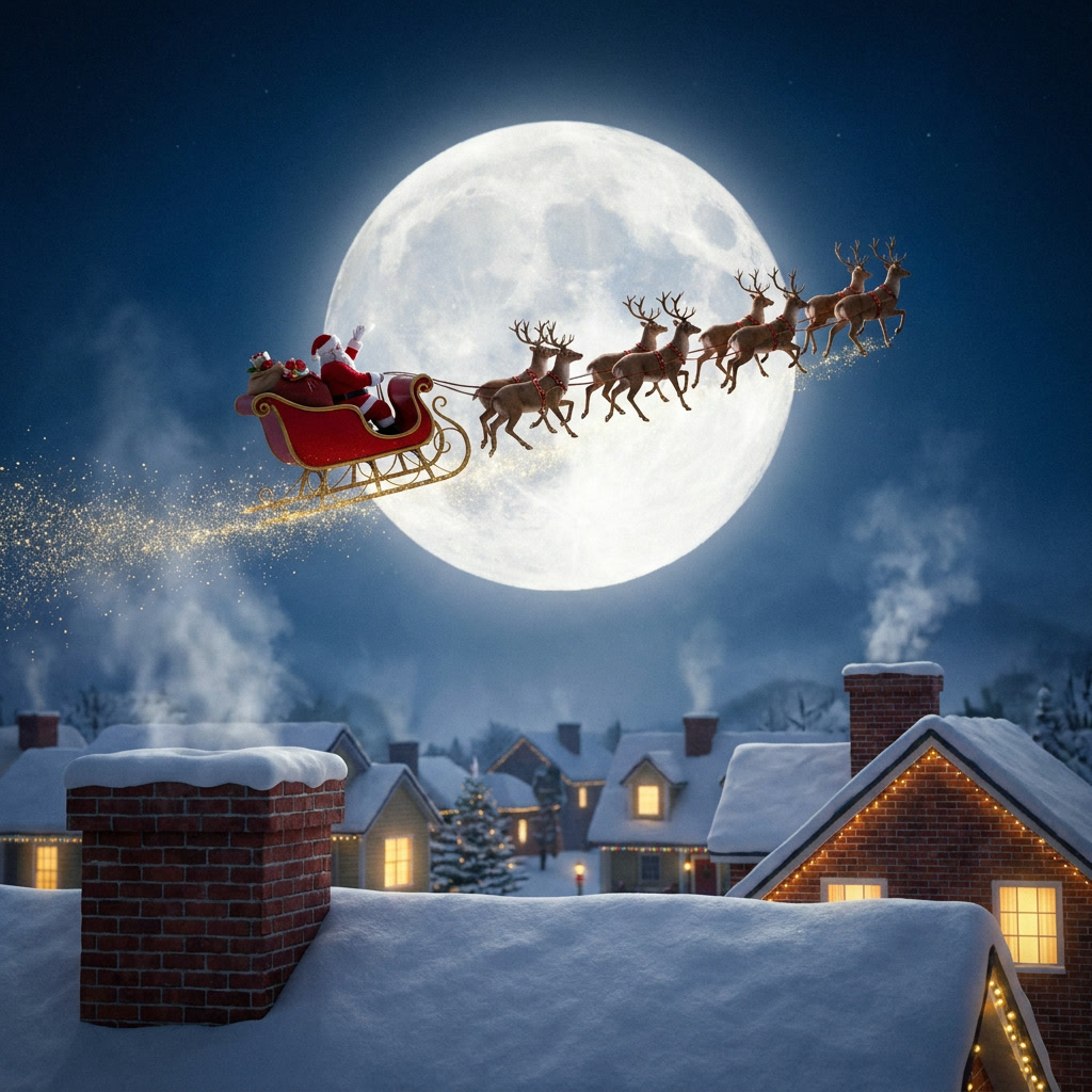 Santa's sleigh crossing a full moon over snow-covered houses with smoking chimneys