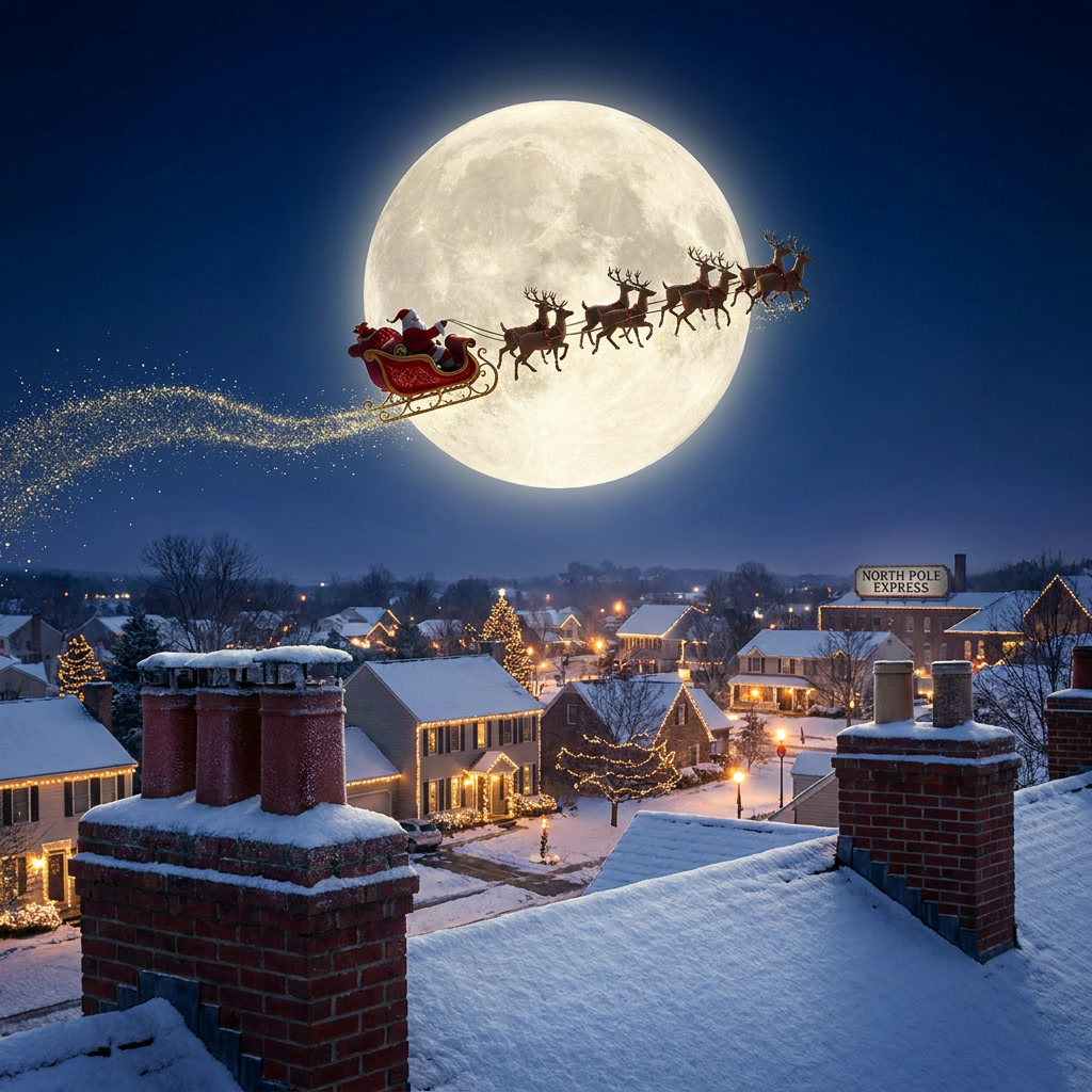 Santa's sleigh and reindeer flying past a full moon above snowy rooftops and brick chimneys