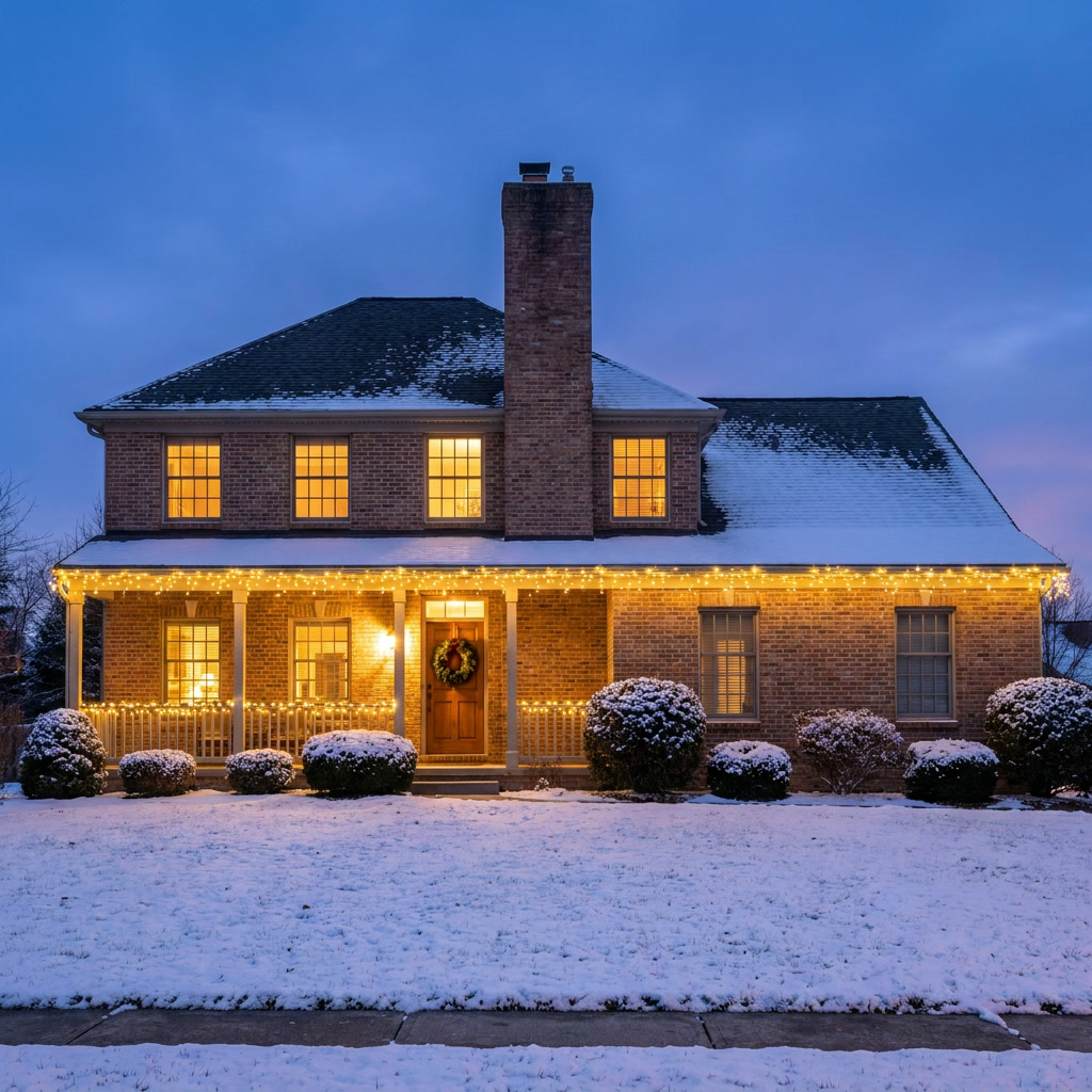 Two-story brick house with a tall chimney, snow on the roof and warm holiday lights at dusk