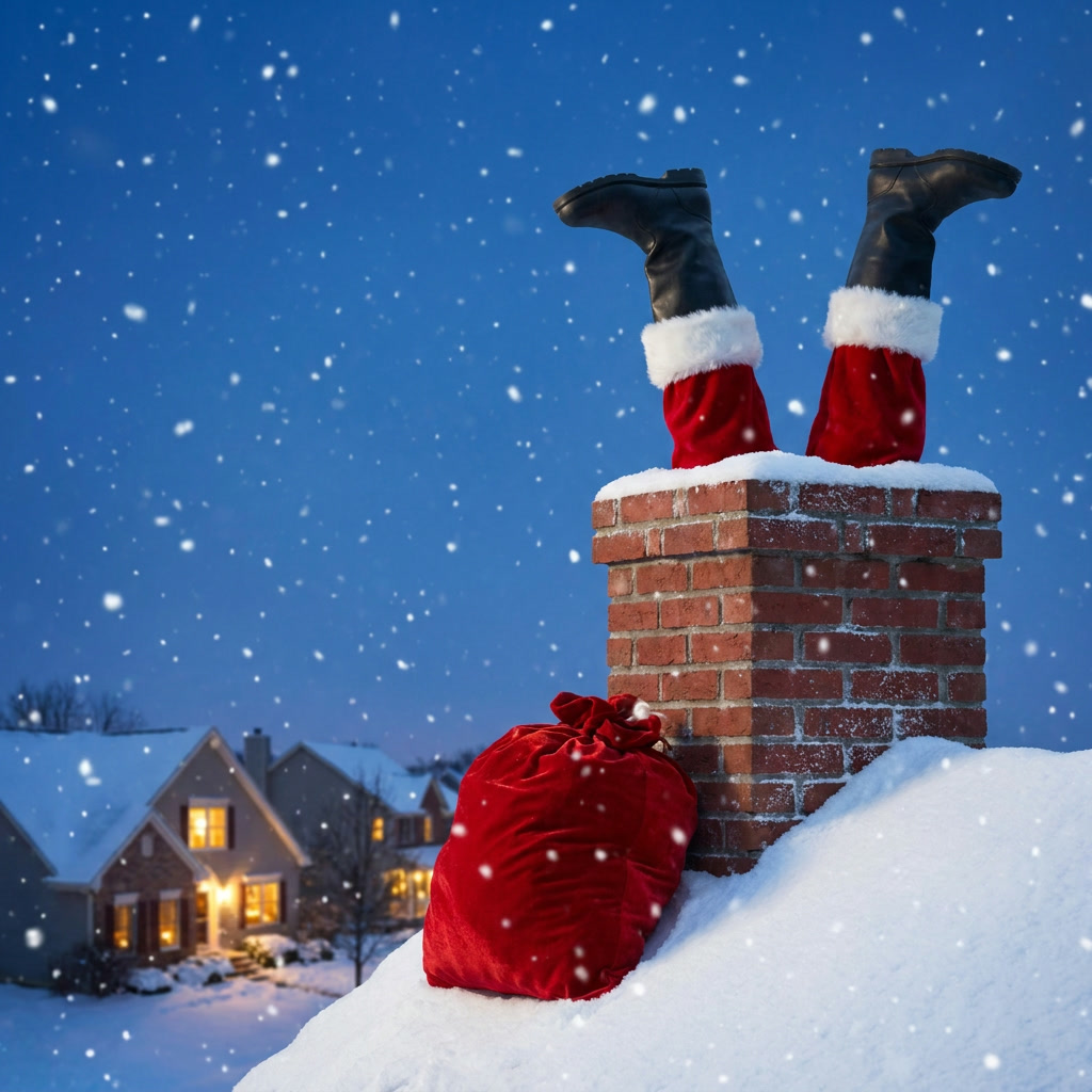 Santa's boots sticking out of a snowy brick chimney next to his red gift sack