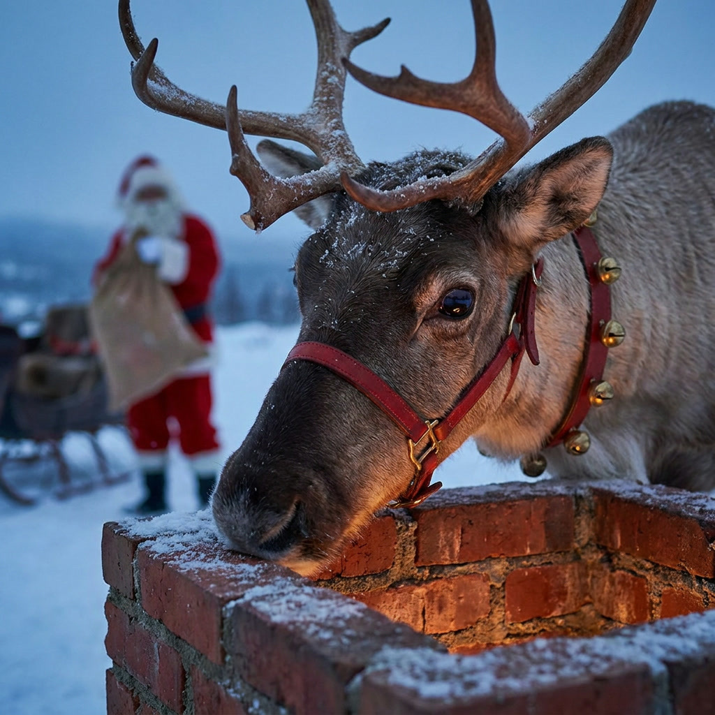 Reindeer peering into a snow-dusted brick chimney while Santa waits with his sack