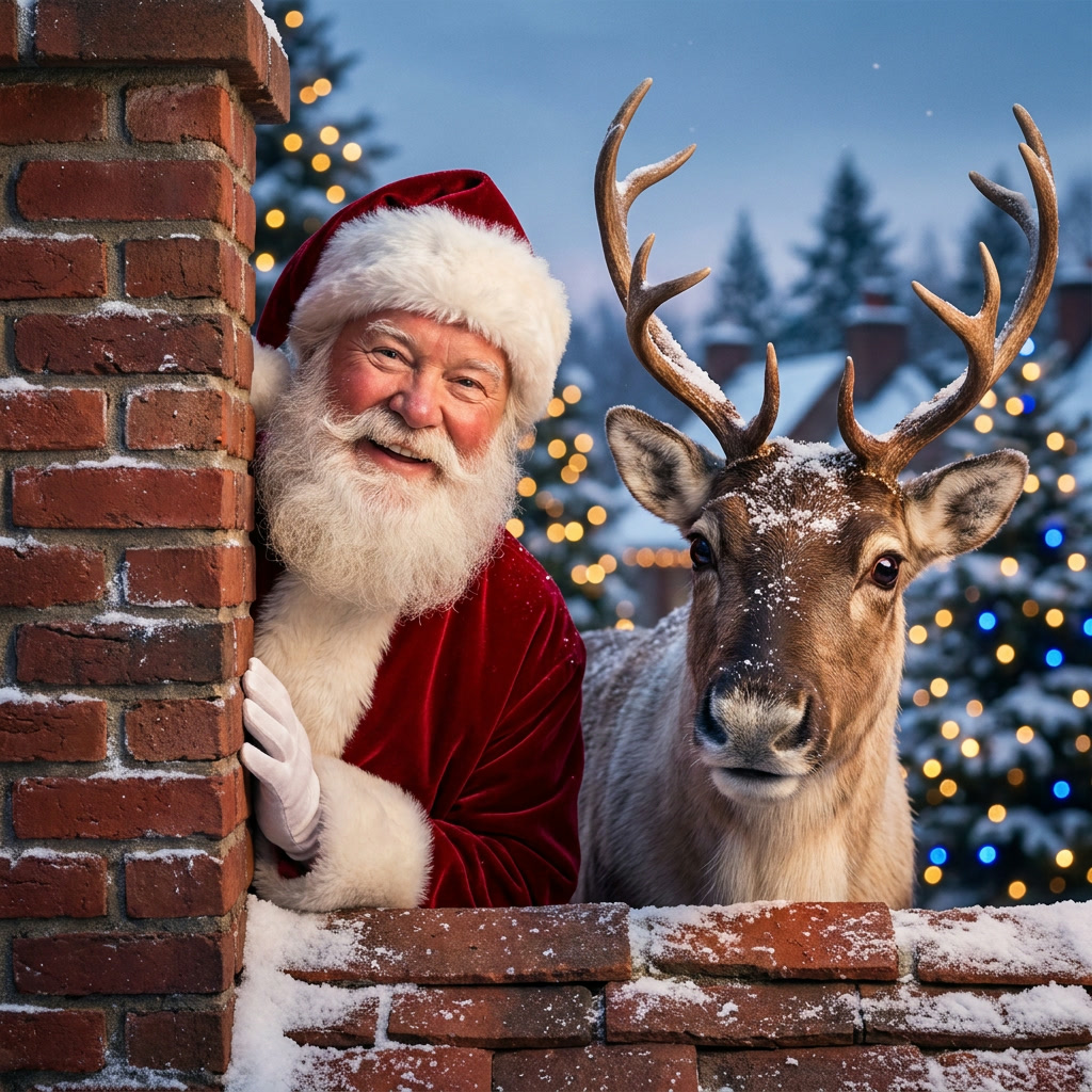 Santa Claus and a reindeer peeking over a snow-dusted brick chimney at night