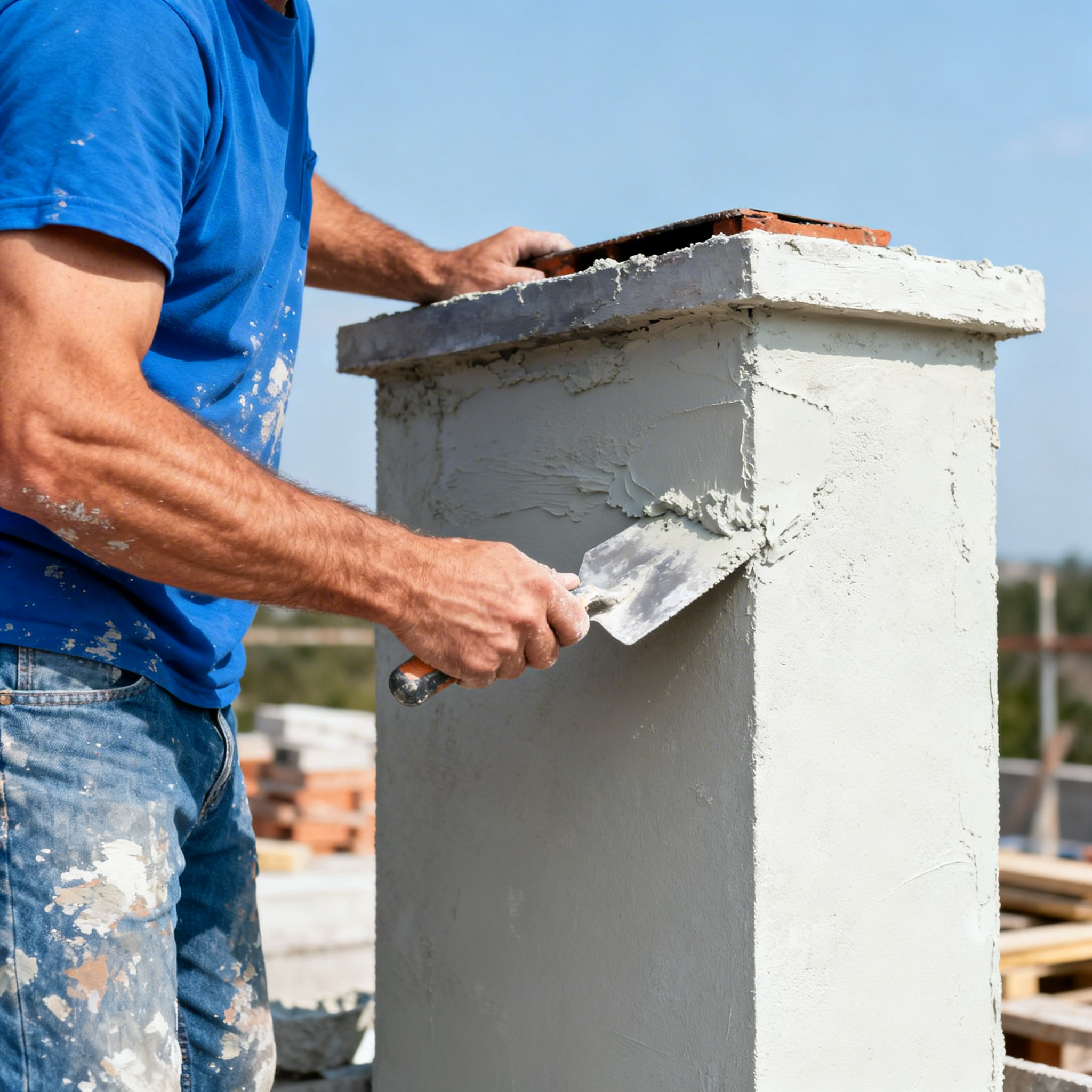 Worker sealing flashing around a rooftop chimney