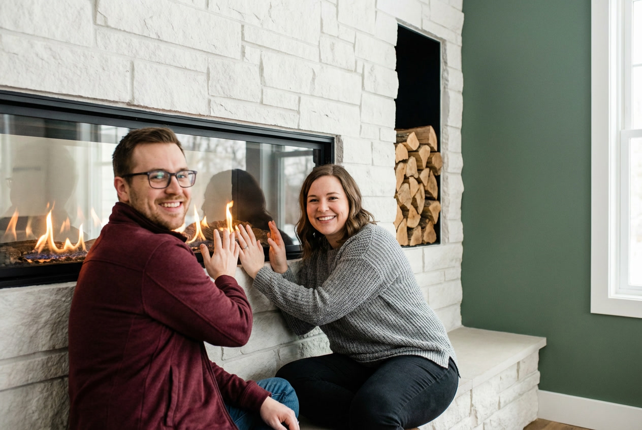 Built-in gas fireplace mounted into interior wall