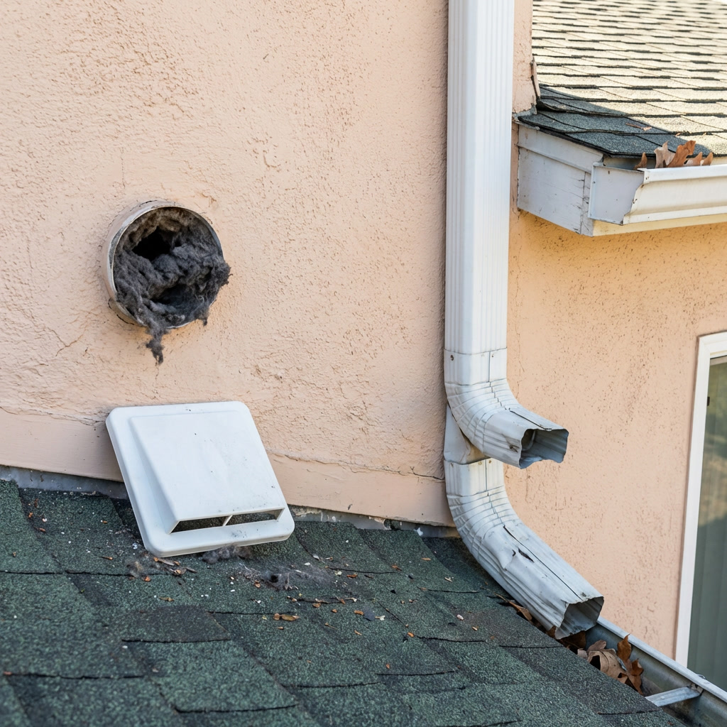 Exterior dryer vent duct running along the outside wall of a residential building