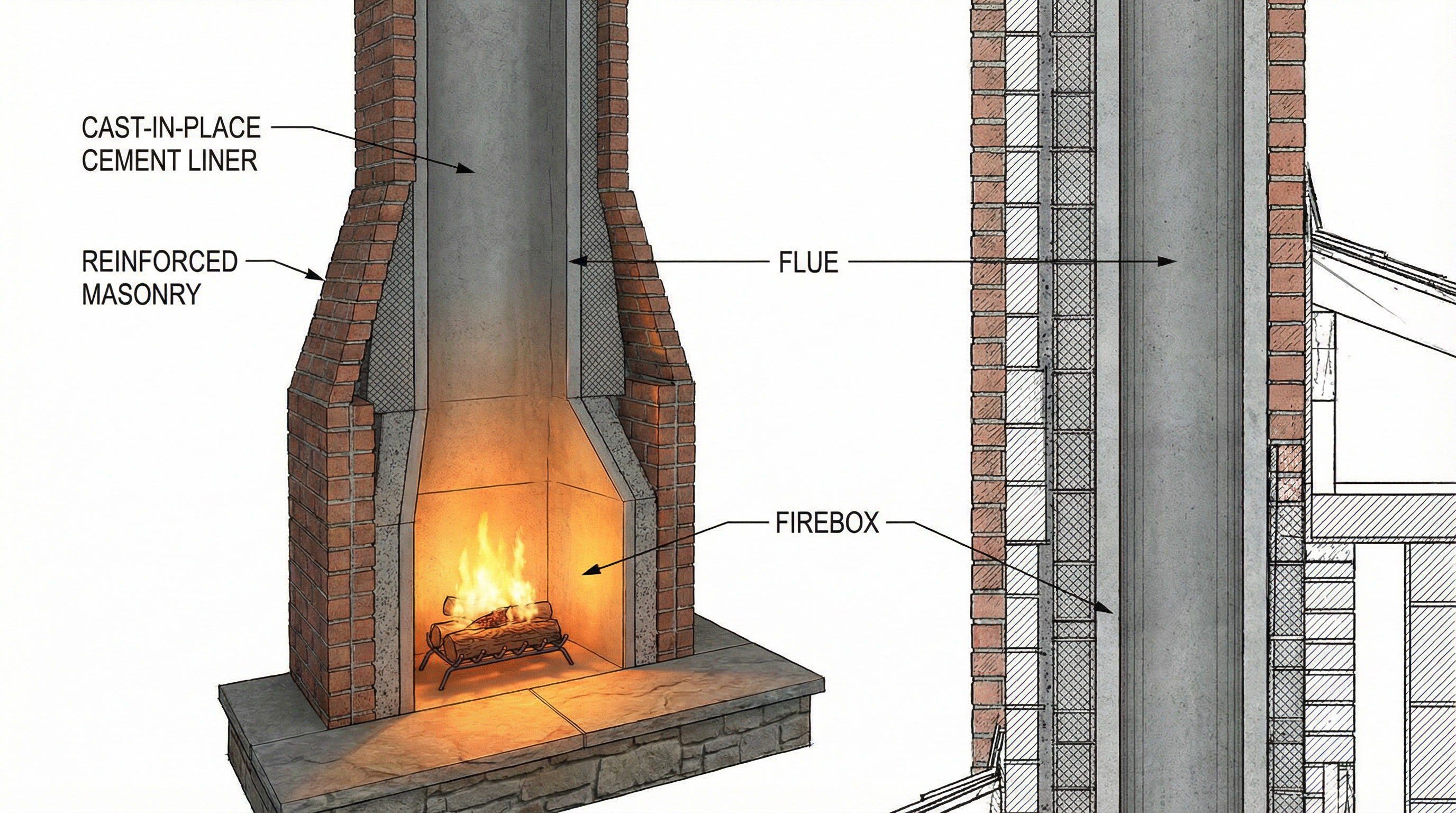 chimney structure diagram showing fireplace firebox chimney liner and chimney stack